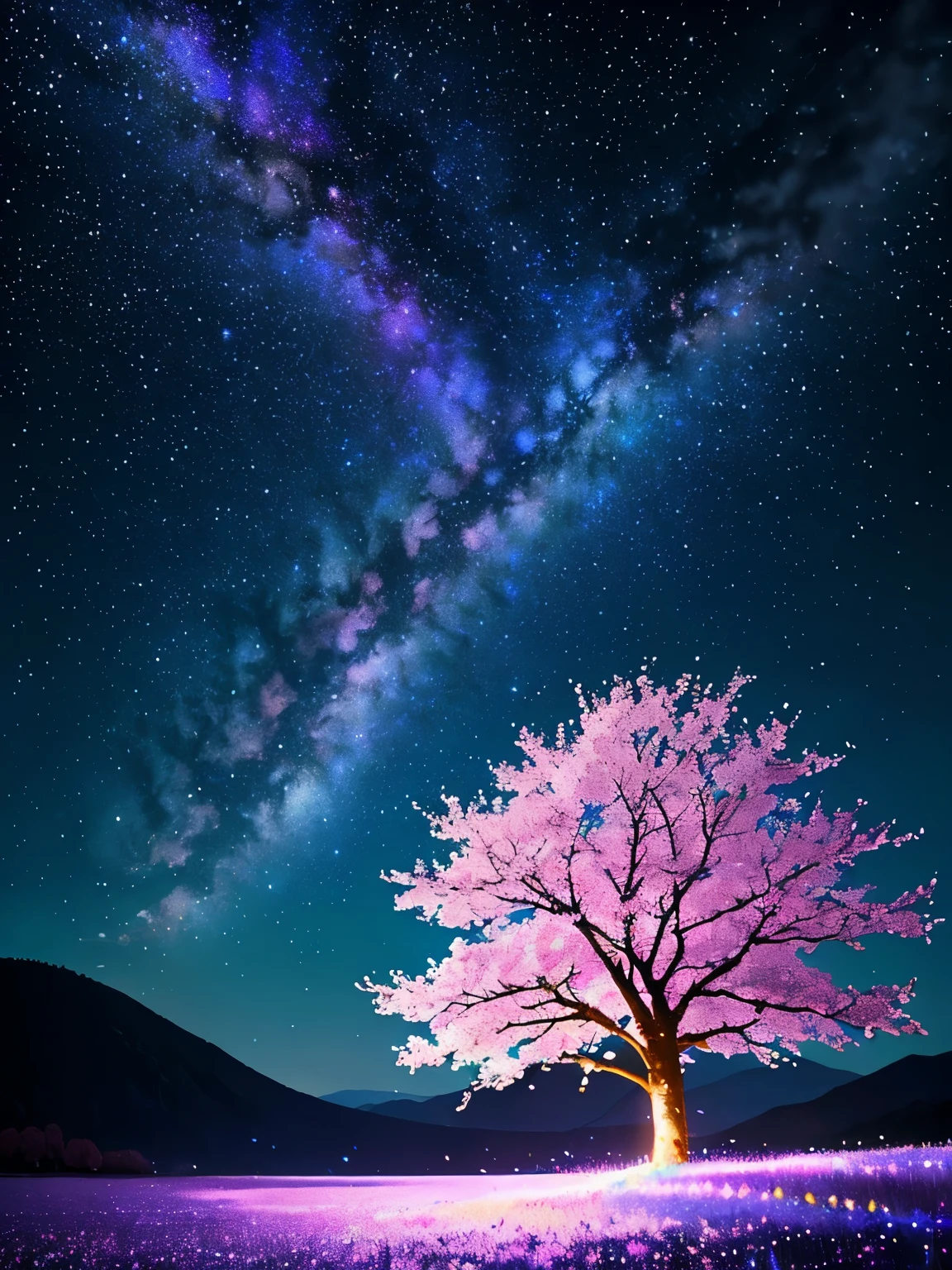 surely, The prompt for this image is, 「A fantastic landscape of cherry blossoms at night with the backdrop of the brightly shining universe」. The scene is filled with a bright atmosphere, Highly saturated colors that emphasize the vividness of cherry blossoms and celestial bodies. the stars twinkle more intensely, and the Milky Way is painted in brighter shades of blue and purple, The entire scene glows with an otherworldly glow. Even the petals are infused with delicate rainbow colors., Creates a fantastical atmosphere as if the tree is bathed in starlight..」