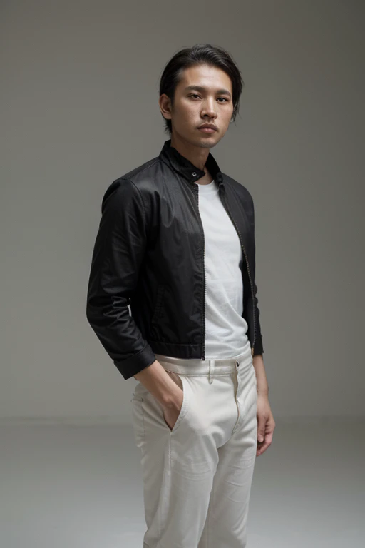 Cinematic, indonesian man, 36 years old, shaven , short black hair, black tight jacket, white fit shirt . Minimalistic background, clean composition, strong details, Muted Colours