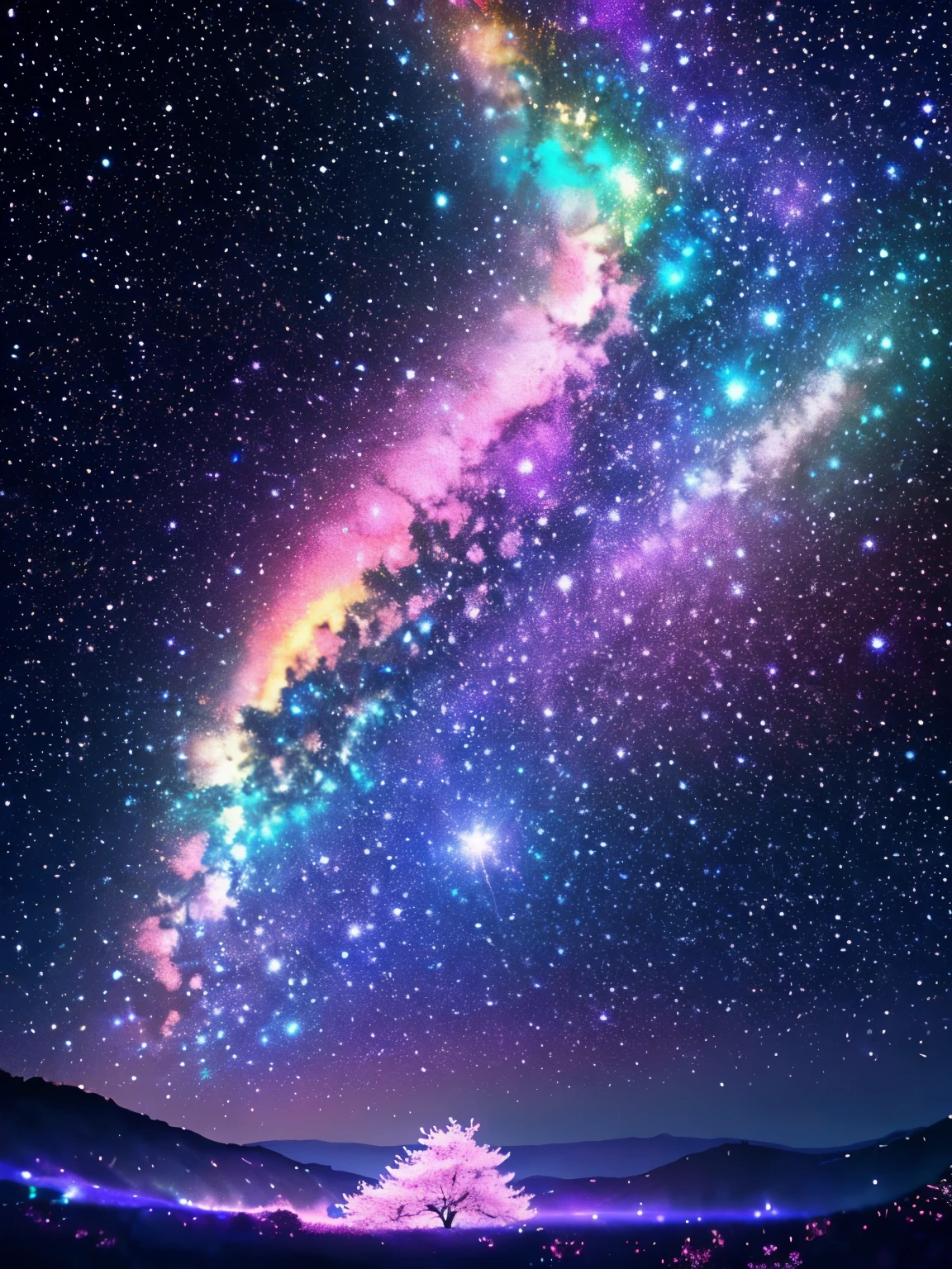 surely, The prompt for this image is, 「A fantastic landscape of cherry blossoms at night with the backdrop of the brightly shining universe」. The scene is filled with a bright atmosphere, Highly saturated colors that emphasize the vividness of cherry blossoms and celestial bodies. the stars twinkle more intensely, and the Milky Way is painted in brighter shades of blue and purple, The entire scene glows with an otherworldly glow. Even the petals are infused with delicate rainbow colors., Creates a fantastical atmosphere as if the tree is bathed in starlight..」