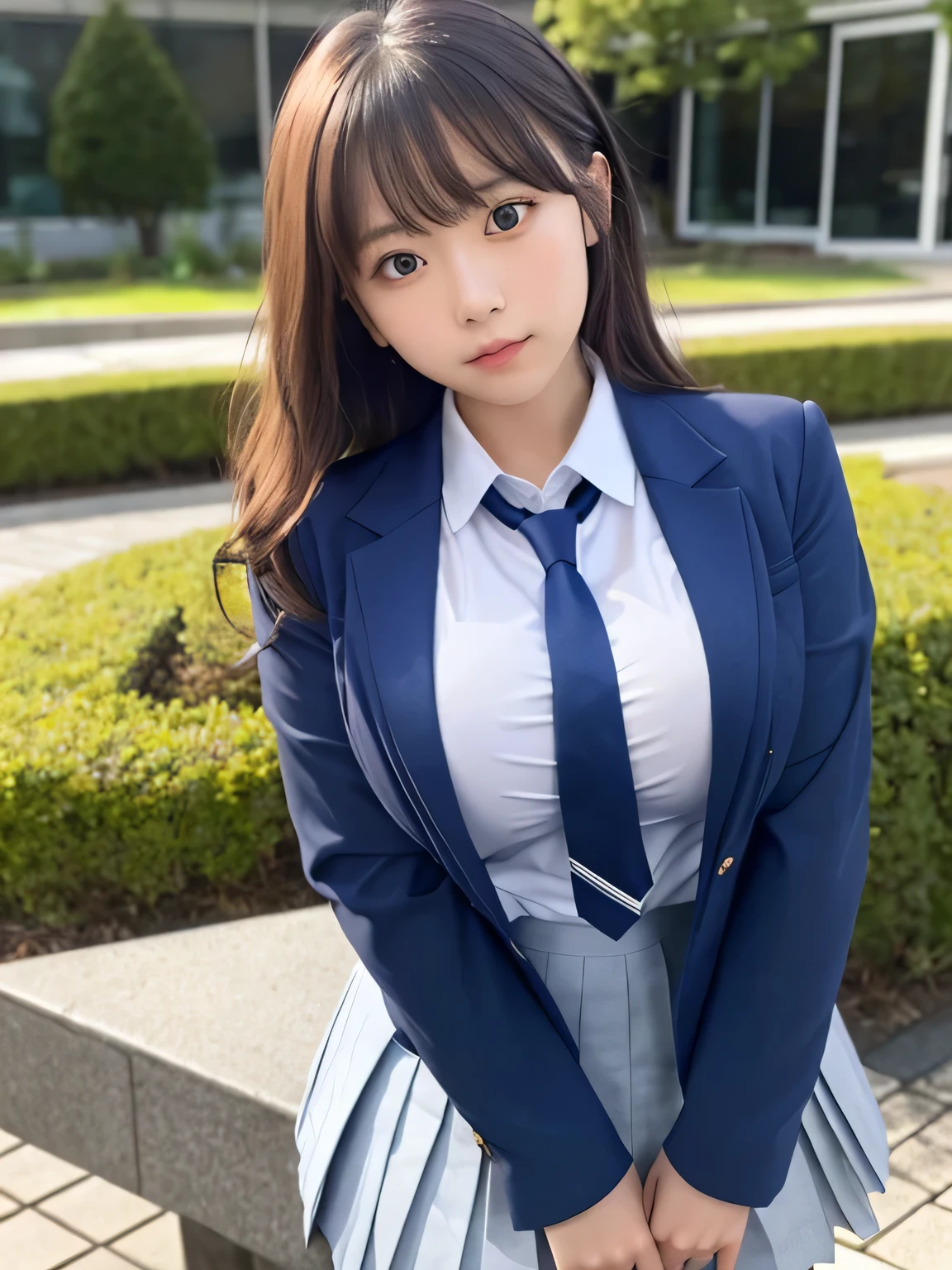 8K, highest quality, real image, intricate details, Super detailed, ultra high resolution, depth field,(realistic,realistic:1.2), from the middle, 1 Japanese girl, very beautiful 17 year old girl, Big eyes, beautiful breasts:1.5、highly detailed eyes:1.2), (beautiful breasts:1.1), (small breasts:1.5), wavy hair、curly hair、bangs, perfect skin, Fair skin, huge hips, thick thighs, thick legs, cleavage, tight waist, light blush, alone, looking at the viewer, displeased, ((School_uniform),(dark blue blazer), (white shirt、wear a tie), (gray pleated skirt), (sculpture installation :1.1)