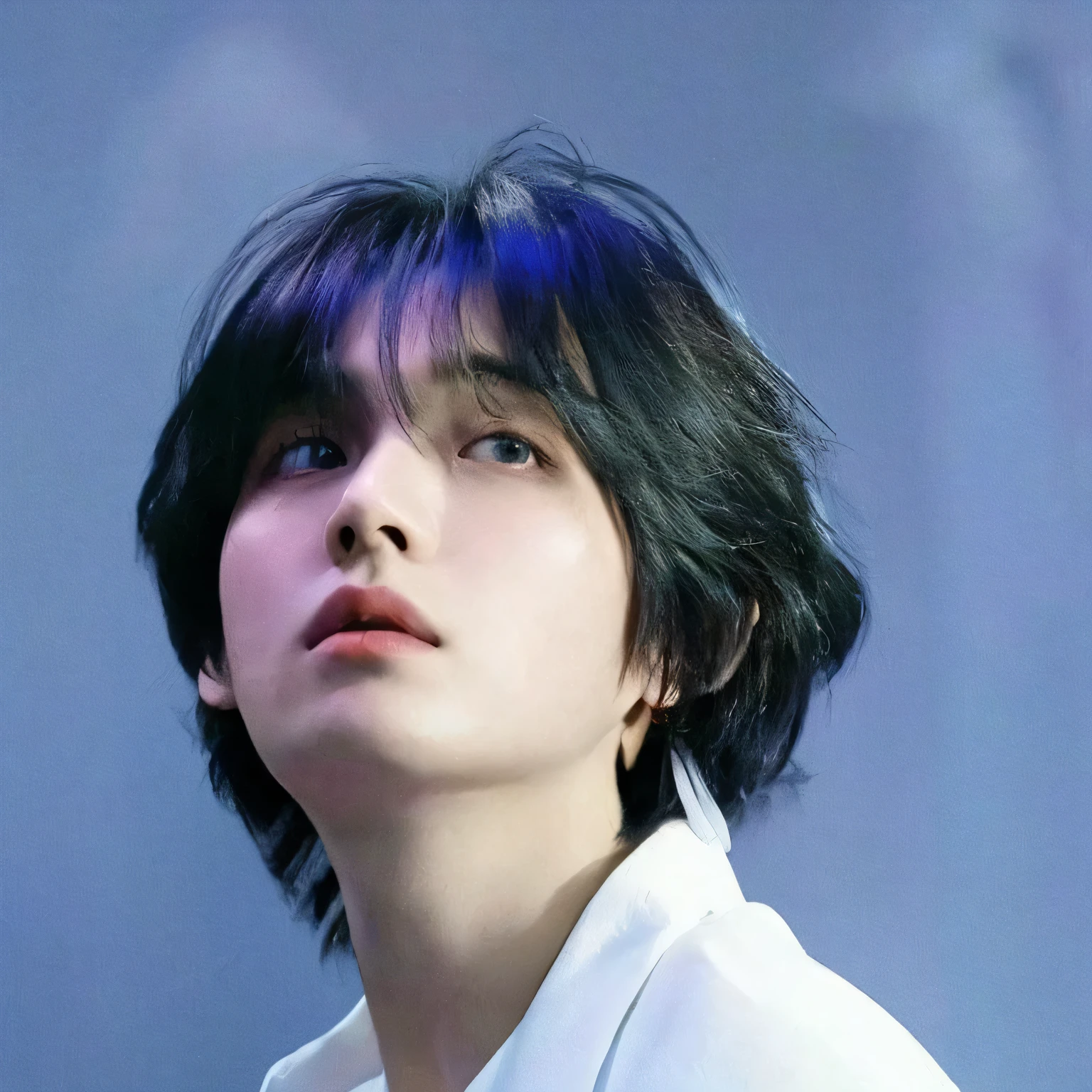 un primer plano de una persona con una camisa blanca y cabello azul, yoongi de pelo negro, hyung tae, jungkook, Jung Jaehyun, beautiful androgynous prince, young pale angel, delicate androgynous prince, pale korean adorable face, sus ojos parecen sabios, handsome young prince, mirada profunda al costado, inspirado en jeonseok lee, jinyoung shin