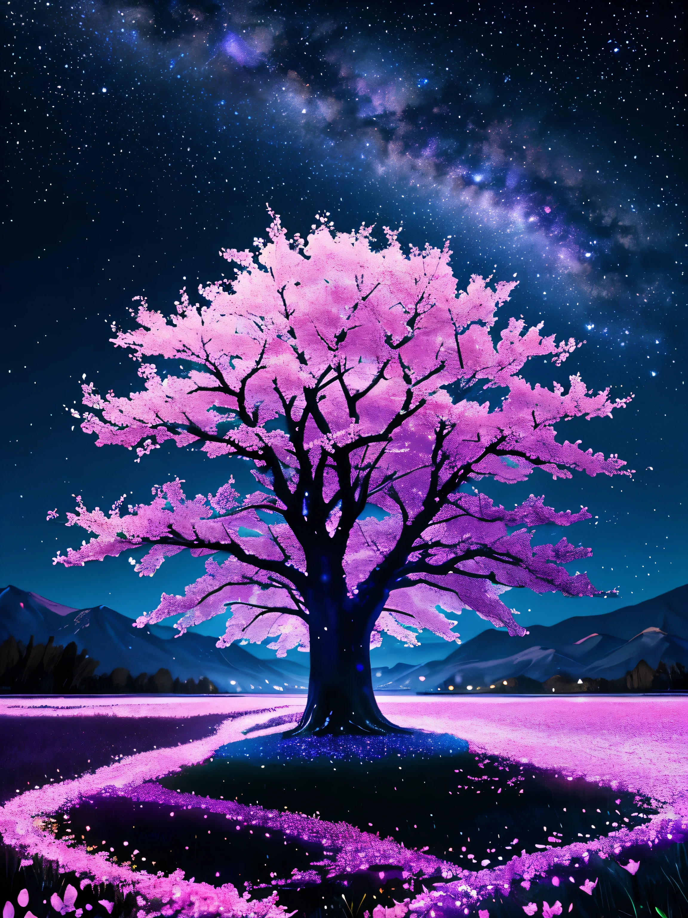 surely, The prompt for this image is, 「A fantastic landscape of cherry blossoms at night with the backdrop of the brightly shining universe」. The scene is filled with a bright atmosphere, Highly saturated colors that emphasize the vividness of cherry blossoms and celestial bodies. the stars twinkle more intensely, and the Milky Way is painted in brighter shades of blue and purple, The entire scene glows with an otherworldly glow. Even the petals are infused with delicate rainbow colors., Creates a fantastical atmosphere as if the tree is bathed in starlight..」