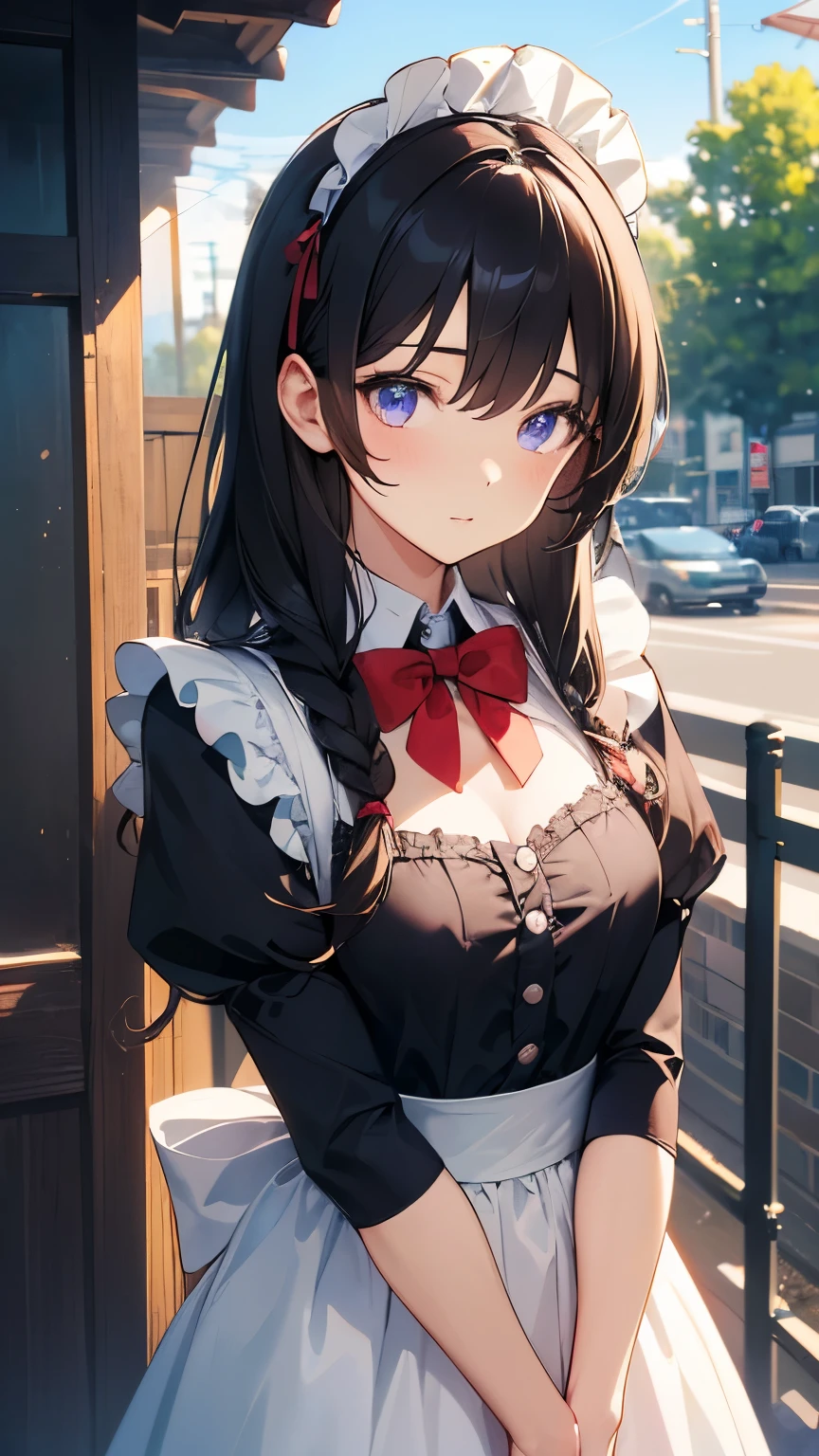 A maid girl with long purple hair. Her cheeks are red and she looks at me shyly. emphasized chest. Her thick hair flows as she waits on customers. A maid costume with frills. She serves at the royal court. high resolution. Textured skin. anime style.