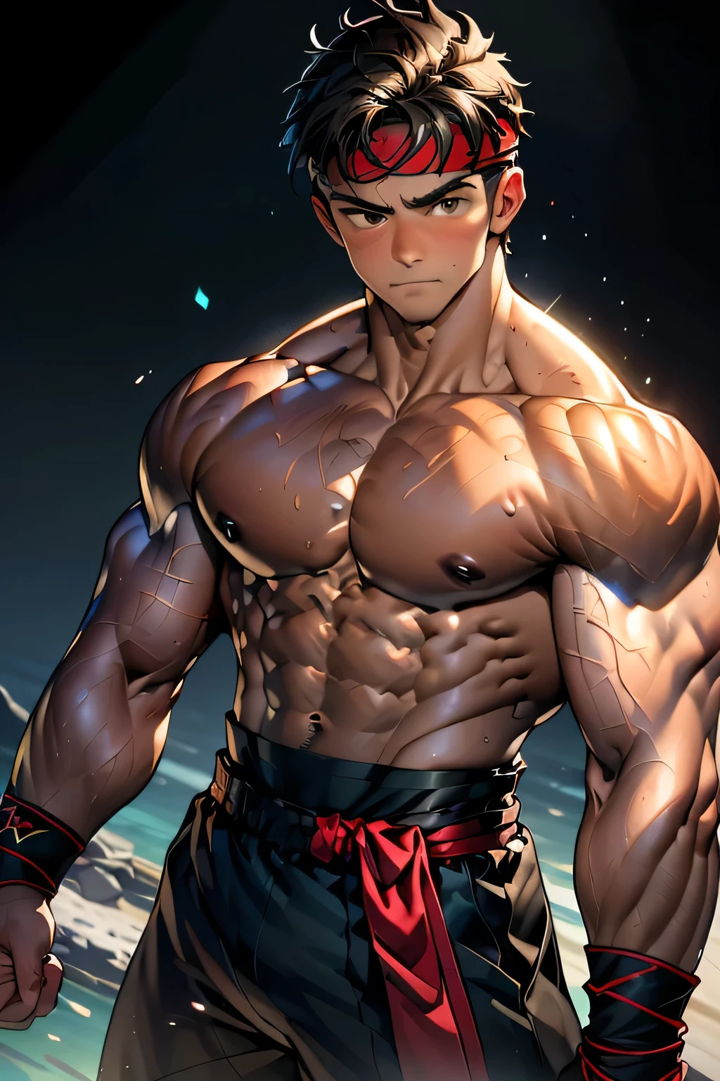 (Masterpiece, Best quality 19 year old boy, simple background, cowboy shot), solo, Young, boy, muscler, Shirtless, topless, (Dark Short straight hair, under cut, brown eyes), (red headband, ((black wristband, weist sash))), Vivid colors, (hot Abs:1.2, abs!, big abs, big breast:1.2, chest!, muscler upper arms, mighty fist), (topless male), closed mouth, serious, muscler!, muscler body, Man with martial arts stance, (aura power:1.4), detailed face, detailed muscle, (((A magical turquoise mystical aura graces his upper body, random fighting pose)))