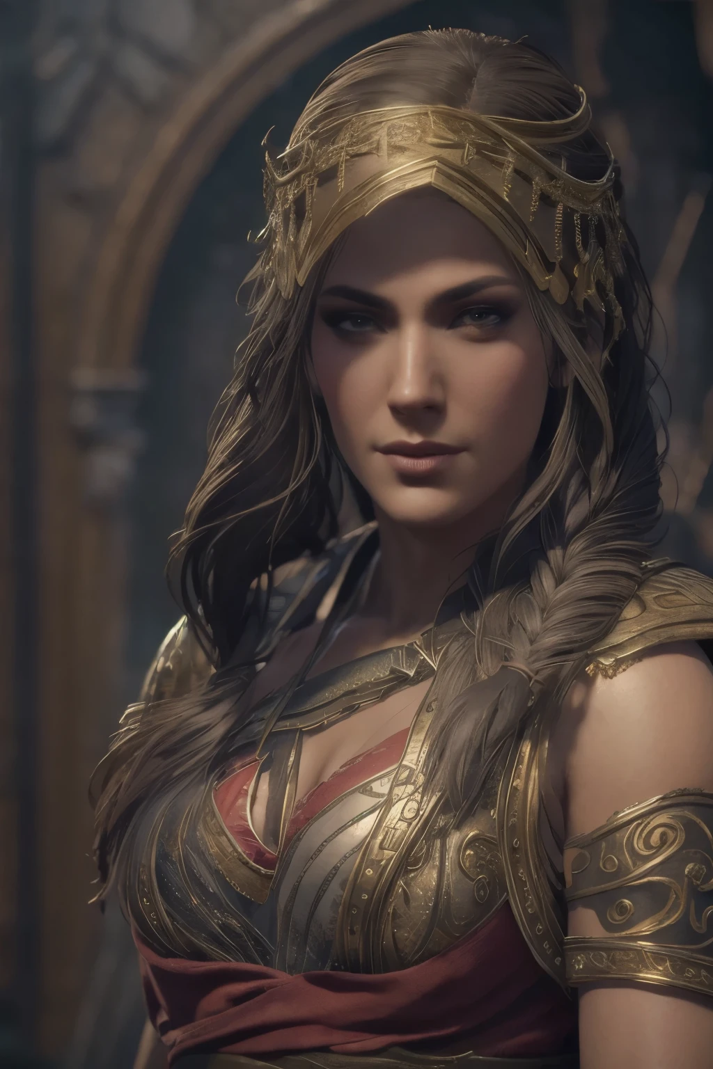 (best quality,ultra-detailed,realistic:1.37),(HDR,UHD,studio lighting),(portraits),(vivid colors),(warm color tones),(soft,moody lighting),(sharp focus),(bokeh),Kassandra,Assassin's Creed Universe,Kassandra's stunning face,Kassandra's piercing eyes,Kassandra's alluring gaze,Kassandra's seductive lips,Kassandra's flowing hair,Kassandra's confident and provocative smile,mysterious atmosphere,dark and gritty background,tattoos on Kassandra's body,ornate assassin gear,fierce and powerful stance,sparkling jewelry,dramatic lighting to accentuate facial features,subtle makeup,subtle hints of smoke or mist,nighttime setting,embers glowing in the background,subtle moonlight bathing the scene