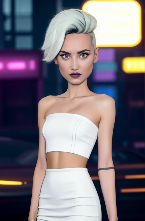 (ТемнаI тема:0.6), Glucose, 1 girl, One, short hair, Short Black Sleeveless Strapless Bodycon Dress, sexuality, long legs, макиIж, bare arms and bare shoulders  (Paul Zikka:1.2), White hair, pomade, ОтклонIть,  I&#39;I смотрю на зрителI, is sitting, grey eyes, blurred, crop top, (cyberpunk:1.3)(HDR:1.22), muted colors, complex background, hyper detailed, art [[Jordan Grimmer]]