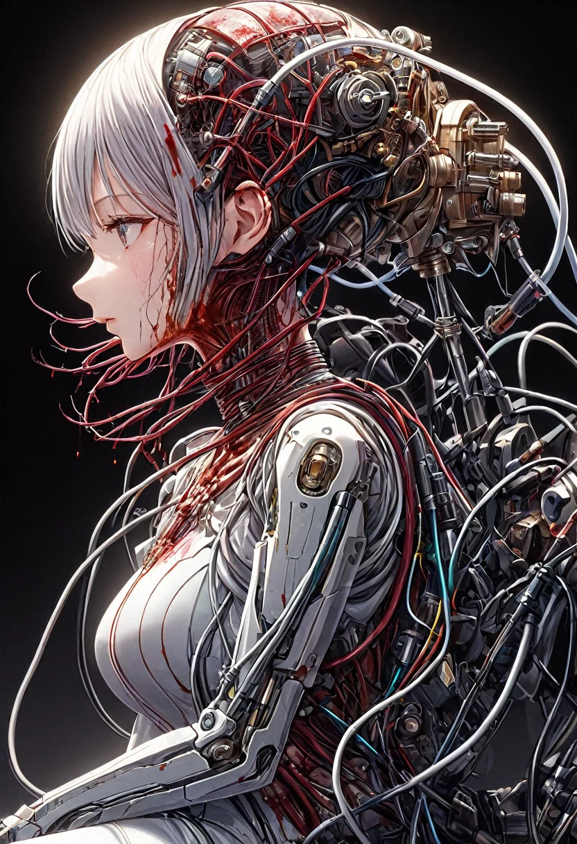 (masterpiece, top quality, best quality, official art, beautiful and aesthetic:1.2), (1girl:1.3), extreme detailed,colorful,highest detailed ((ultra-detailed)), (highly detailed CG illustration), ((an extremely delicate and beautiful)),(from side),cinematic light,((1mechanical girl)),solo,full body,(machine made joints:1.2),((machanical limbs)),(blood vessels connected to tubes),(mechanical vertebra attaching to back),((mechanical cervial attaching to neck)),(sitting),expressionless,(wires and cables attaching to neck:1.2),(wires and cables on head:1.2)(character focus),science fiction,white background,(blood:1.5)