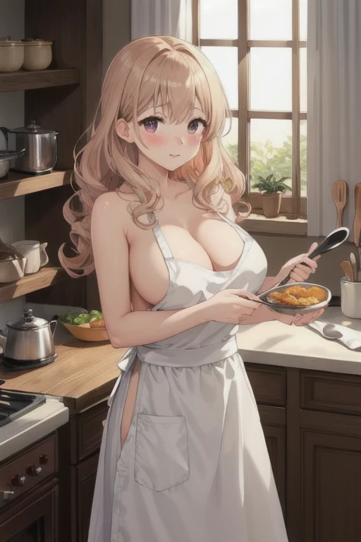 masterpiece,highest quality,intricate details,
1 girl,naked、blush、white apron,big breasts,curly hair,long hair,
indoors,kitchen,shelf,frying pan,sunlight,window,