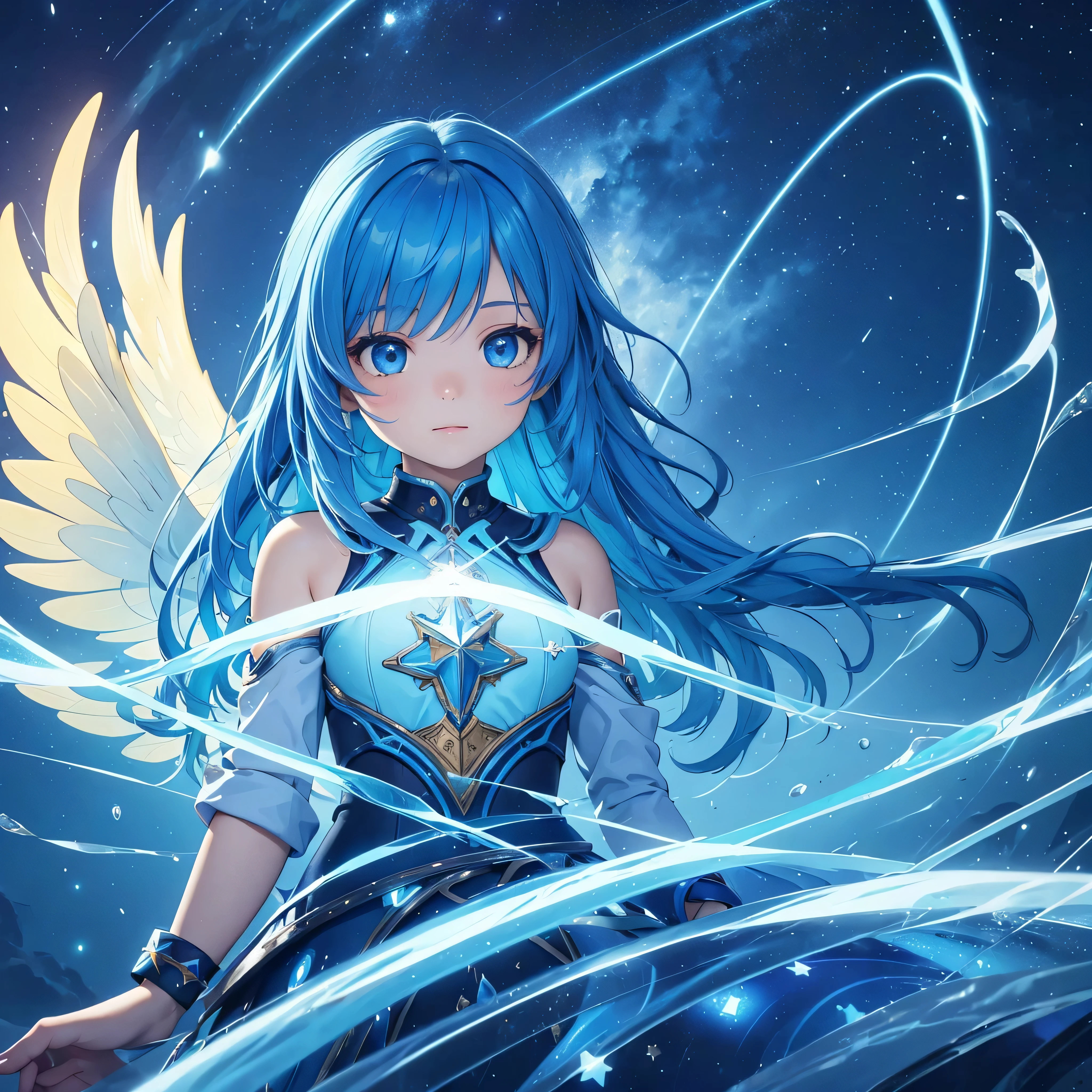 a 9-year-old girl with blue wings and blue hair, in a sea of stars, with a yellow lightning aura, (best quality, highres), ultra-detailed, (realistic:1.37), vibrant colors, mesmerizing lights, ethereal atmosphere, dreamy scenery, fantasy theme, enchanting beauty