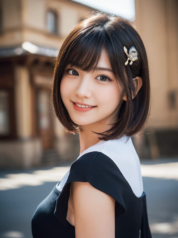 (realistic, photo realistic:1.37), incredibly absurd, (Extremely detailed:1.3), 8K, (masterpiece), (highest quality:1.4), (ultra high resolution:1.2), (Raw photo:1.2), (unity 8K wallpaper), 1 nogizaka girl, So cute, (bishojo:1.35), (15 years:1.4), (alice and the pirates fashion), (delicate and beautiful dress), (blue rose hair accessories), (A delicate and beautiful face, eyes, and skin), (dense black shiny hair), medium breasts, (smile at the camera), cowboy shot, european castle, super detailed background, professional lighting