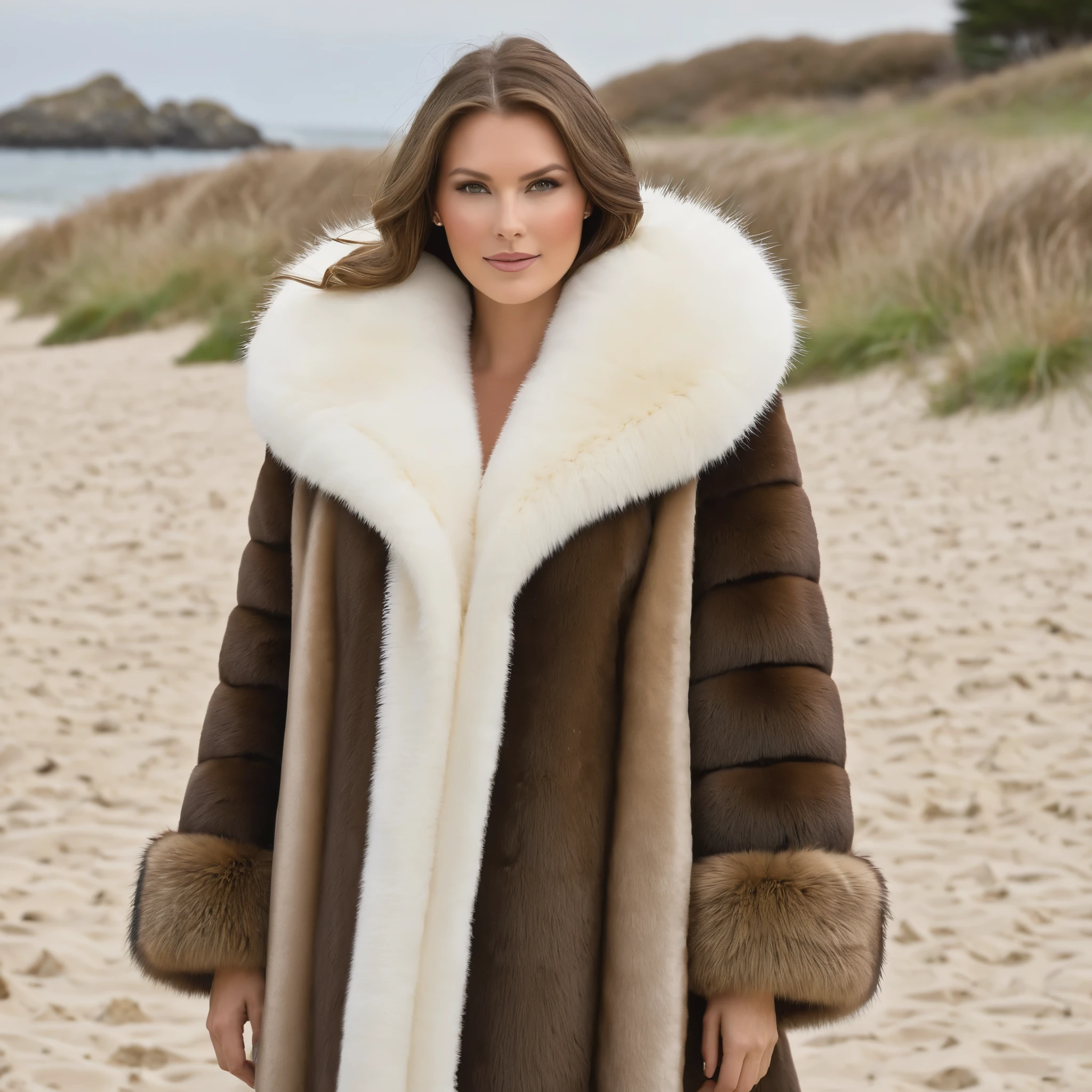 A very wide and very thick, manteau de fourrure en vison brown and sand, fifty centimeters thick, duveteux, naturel, with an ultra thick white and sand mink fur collar, three layers, sur Anggun  , bare shoulders, and two large breast covered by the fur, at Pebble Beach 