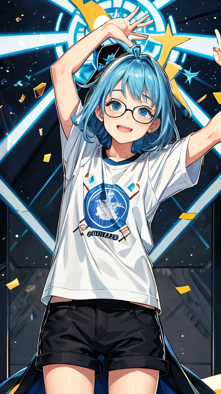 a ager with blue hair and blue eyes, standing in stage while singing and holding a mic, wear white t-shirts and black shorts with white sneakers, cute hairstyles, wear glasses, smiling bright, and there's confetti everywhere