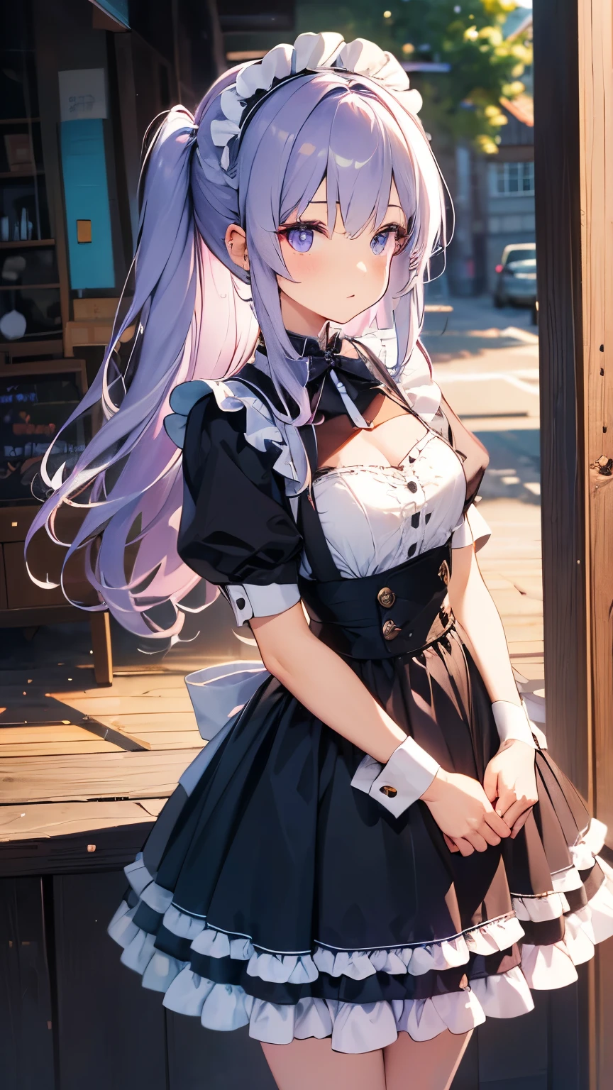 A maid girl with long purple hair. Her cheeks are red and she looks at me shyly. emphasized chest. Her thick hair flows as she waits on customers. A maid costume with frills. She serves at the royal court. high resolution. Textured skin. anime style.