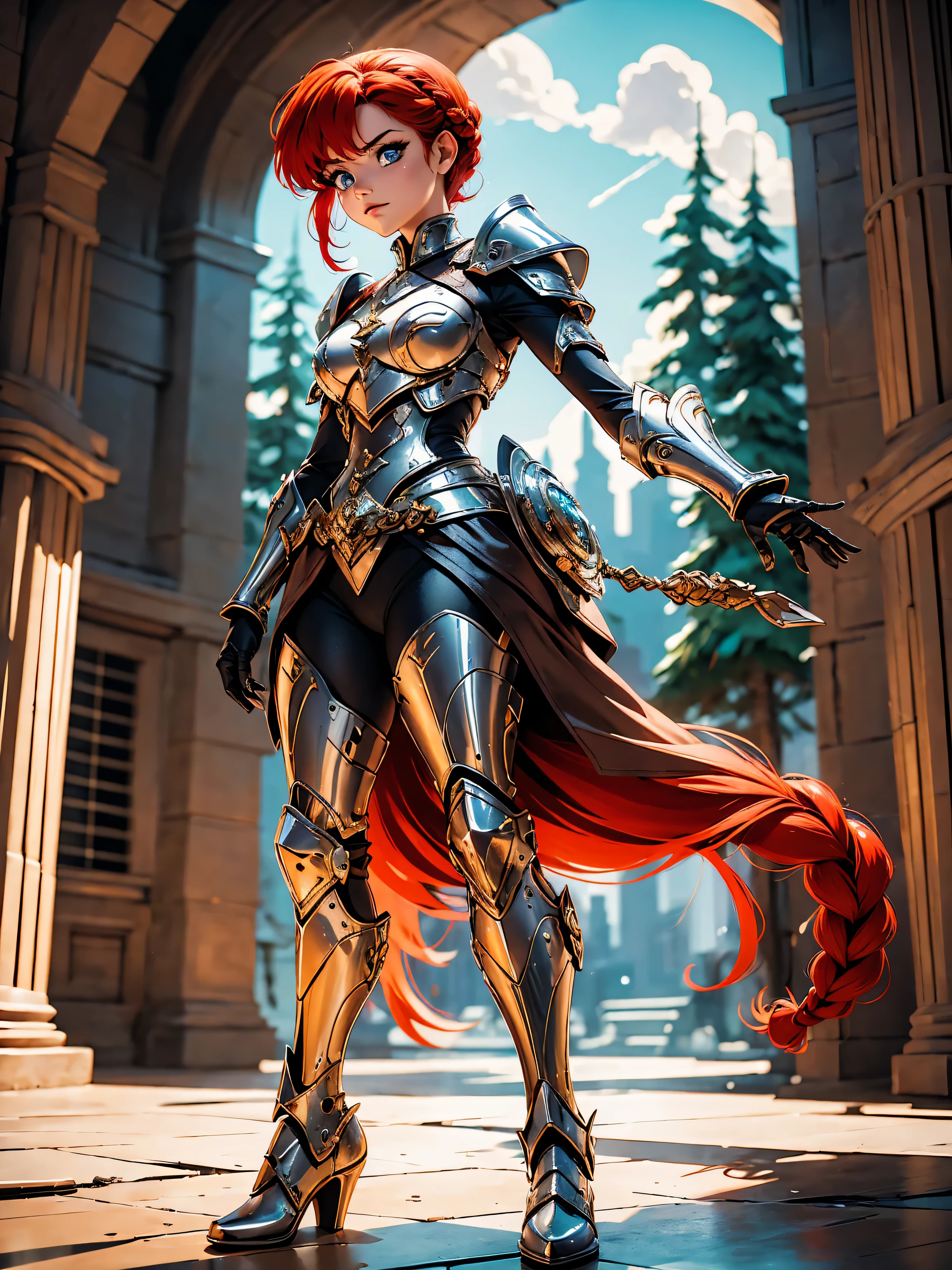 Garota anime ruiva guerreira, com ears fox, com armadura red, red armored, 15 anos, corpo bonito, seios grandes, postura de combate, segurando espada, Garota sexy, red hair with braid, mechas de cabelo laterais, mechas de cabelo na lateral do rosto, beautiful lighting, sombras suaves, olhos azuis, pernas bonitas, short hair with braid, estilo anime, Ranma Chan, Autora Rumiko Takahashi, Baseado em obra de Rumiko Takahashi, Anime Ranma 1/ 2, guerreira sexy, quadril robusto, corpo inteiro, corpo inteiro, busto grande, garota jovem com orelhas de raposa, corpo belo e bonito, boots on feet, garota 15 anos jovem baixa estatura, usando armadura gotica, garota anime, estilo anime, feet with black boots, front view angle, ao ar livre, red hair braid, ears fox, postura ereta, corpo em postura reta, olhos grandes, armadura vermelha
