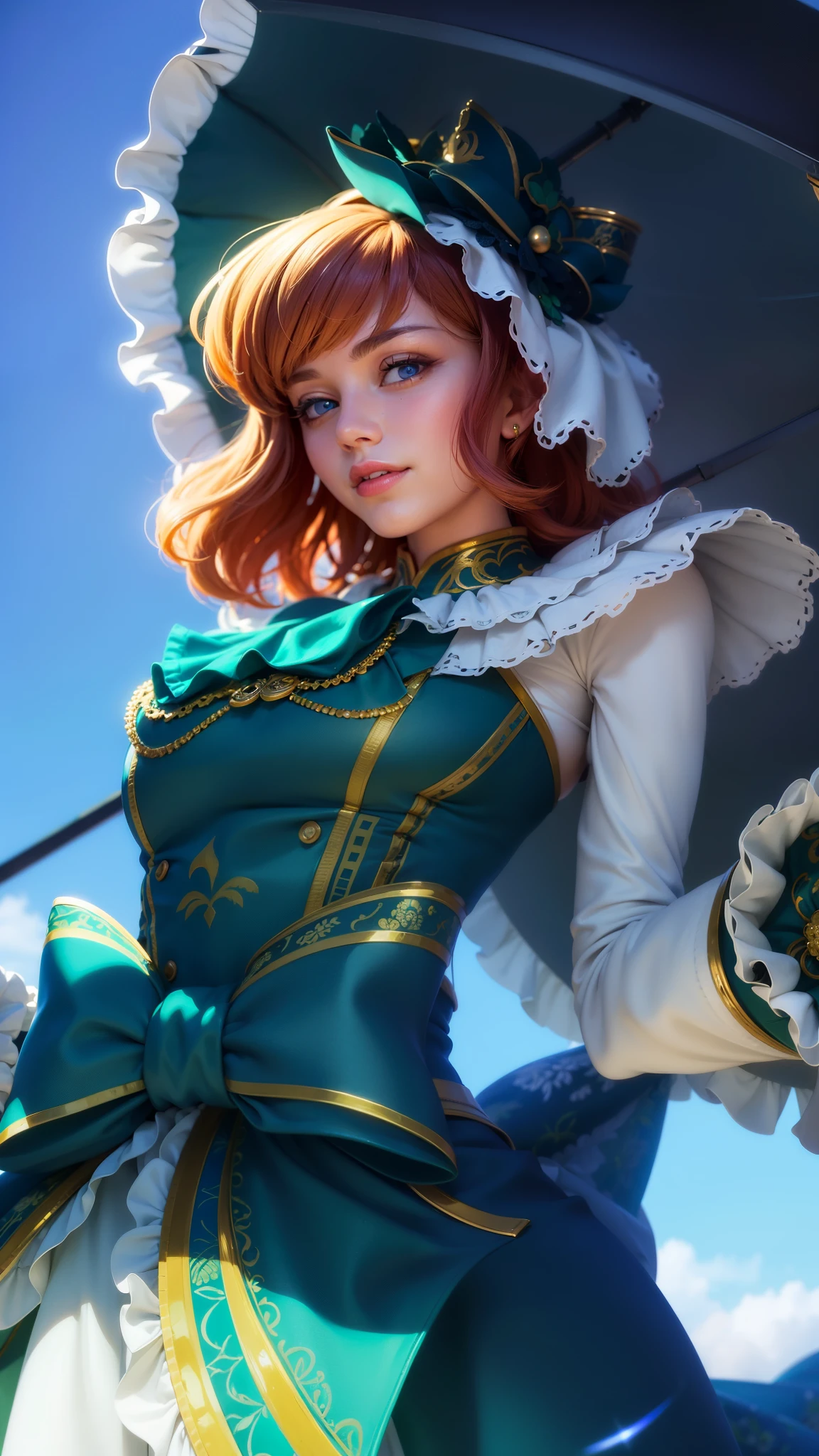 there is a woman in a green dress holding a umbrella, red lips glossy, 8k, ultra hd, ultra detailed texture, hyper realistic, masterpiece, detailed texture, detailed face, detailed skin, detailed lighting, (photorealistic:1.5), best quality, beautiful lighting, cinematic lighting, professional lighting, ultra highres, realistic, detailed hair, real hair, high quality, (realskin:1.5), extremely detailed, finely detail, ultra-detailed, smile, blue eyes.