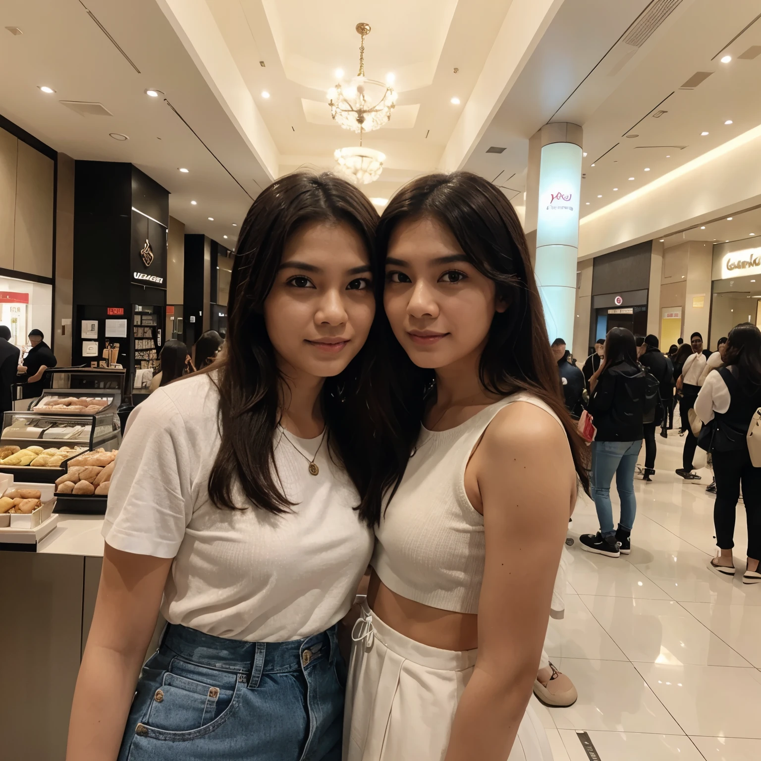 wanita yang berfoto bersama dua temannya di mall