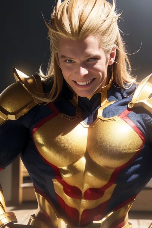 All Might, in a golden armor, steps forward for a photoshoot, smiling. (best quality,4k,8k,highres,masterpiece:1.2), ultra-detailed, (realistic,photorealistic,photo-realistic:1.37), HDR, UHD, studio lighting, vivid colors, bokeh, portraits, golden tone, strong backlighting