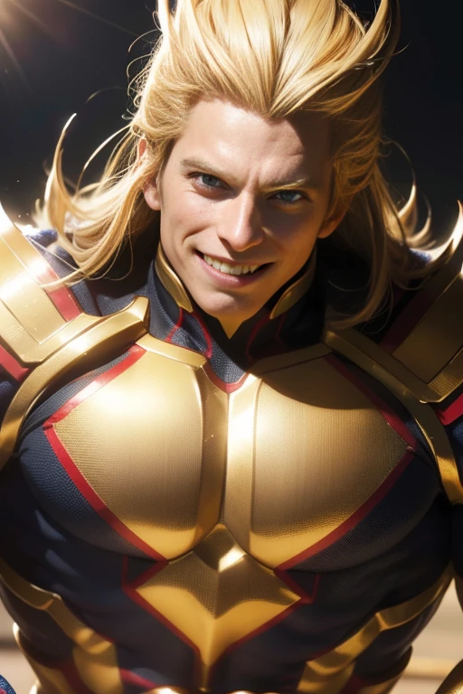 All Might, in a golden armor, steps forward for a photoshoot, smiling. (best quality,4k,8k,highres,masterpiece:1.2), ultra-detailed, (realistic,photorealistic,photo-realistic:1.37), HDR, UHD, studio lighting, vivid colors, bokeh, portraits, golden tone, strong backlighting