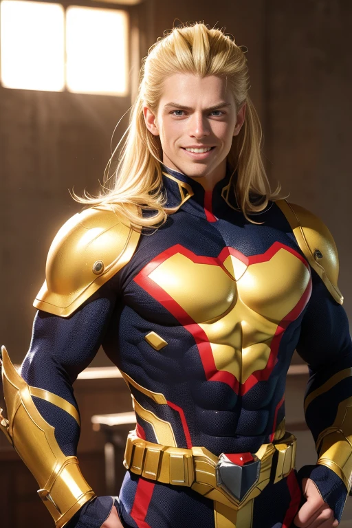 All Might, in a golden armor, steps forward for a photoshoot, smiling. (best quality,4k,8k,highres,masterpiece:1.2), ultra-detailed, (realistic,photorealistic,photo-realistic:1.37), HDR, UHD, studio lighting, vivid colors, bokeh, portraits, golden tone, strong backlighting