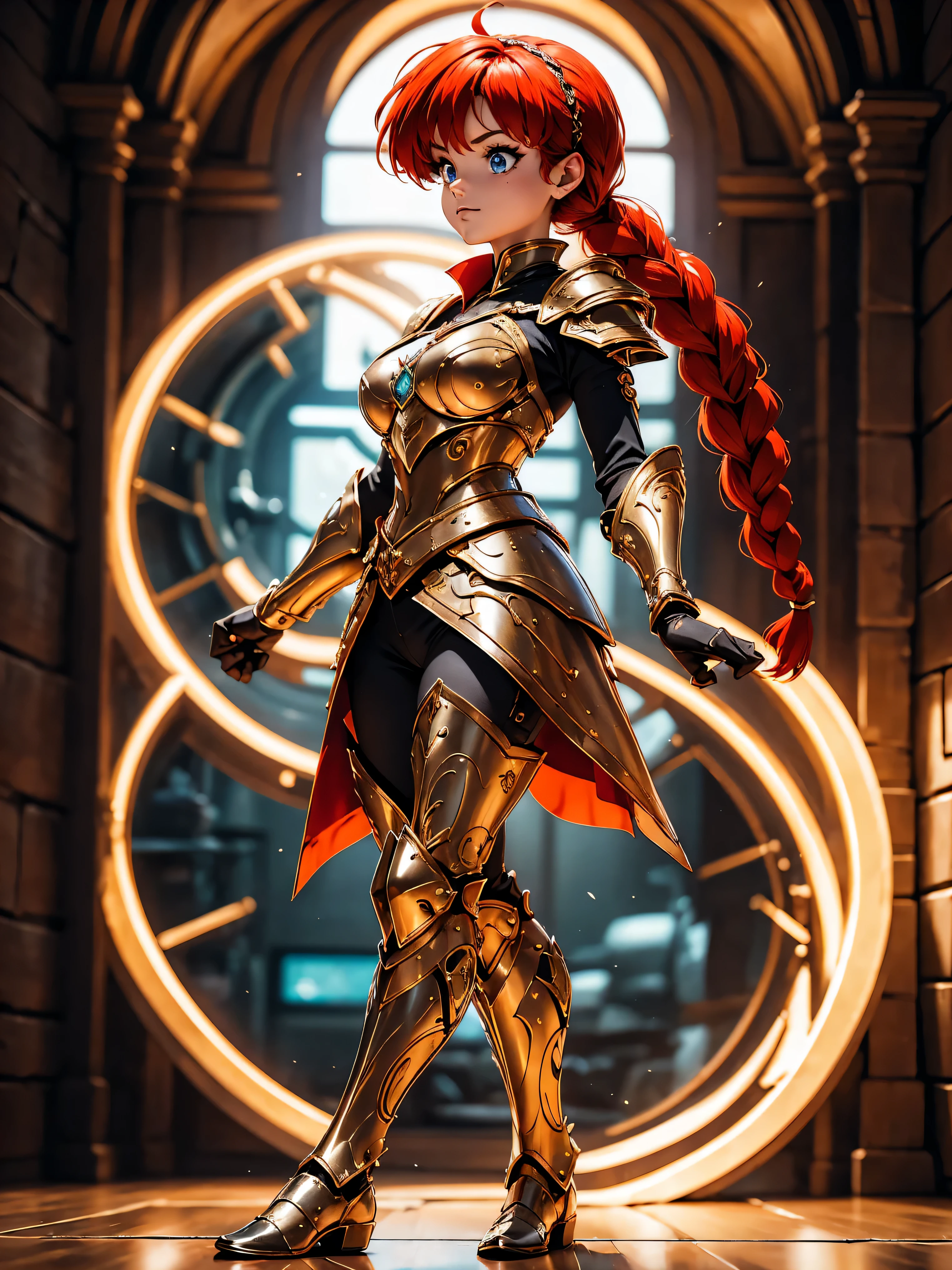 Garota anime ruiva guerreira, com ears fox, com armadura red,  red armored, 15 anos, corpo bonito, seios grandes, postura de combate, segurando espada, Garota sexy, red hair with braid, mechas de cabelo laterais, mechas de cabelo na lateral do rosto, beautiful lighting, sombras suaves, olhos azuis, pernas bonitas, short hair with braid, estilo anime, Ranma Chan, Autora Rumiko Takahashi, Baseado em obra de Rumiko Takahashi, Anime Ranma 1/ 2, guerreira sexy, quadril robusto, corpo inteiro, corpo inteiro, busto grande, garota jovem com orelhas de raposa, corpo belo e bonito, boots on feet, garota 15 anos jovem baixa estatura, usando armadura gotica, garota anime, estilo anime, feet with black boots, front view angle, ao ar livre, red hair braid, ears fox, postura ereta, corpo em postura reta, olhos grandes, armadura vermelha