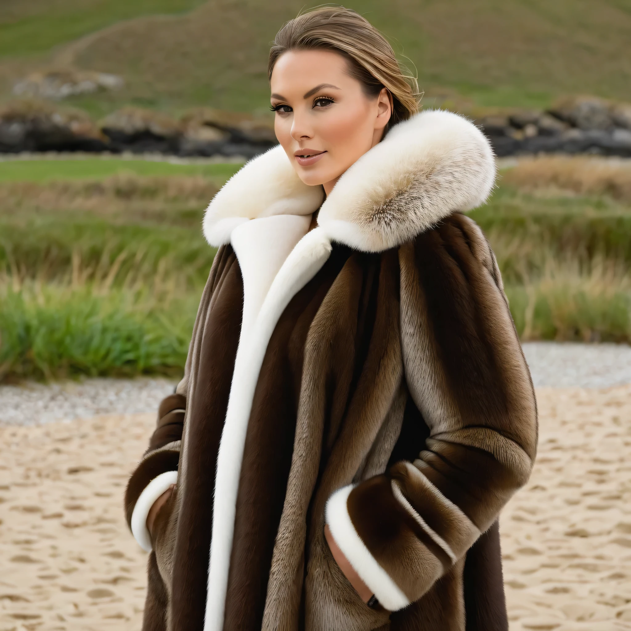 A very wide and very thick, manteau de fourrure en vison brown and sand, fifty centimeters thick, duveteux, naturel, with an ultra thick white and sand mink fur collar, three layers, sur Anggun , bare shoulders, and two large breast covered by the fur, at Pebble Beach