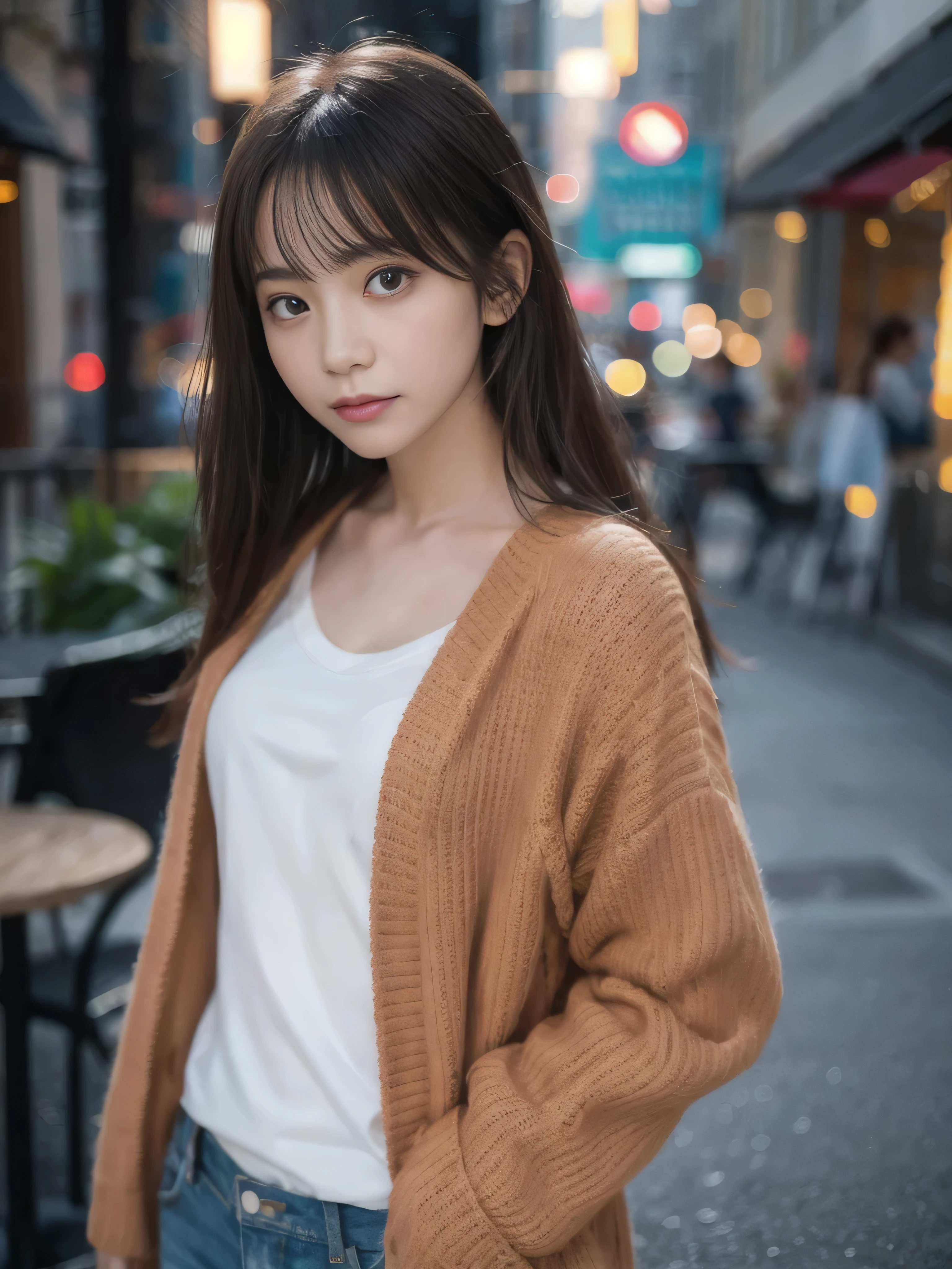 (((RAW image quality:1.4))), highest quality, ultra high resolution, (realistic: 1.4), chat at a cafe、Photo of a teenager wearing brightly colored clothes