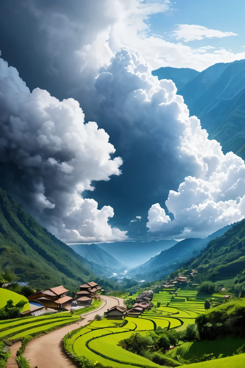 A breathtaking panorama of clouds shaped like a charming woman emerges in the sky above a quaint village nestled in a picturesque mountain valley in Indonesia. The sight leaves several villagers utterly amazed, their jaws dropping in shock at the hyper-realistic and intricately crafted formation. The clouds appear so detailed that they almost seem tangible, as if one could reach out and touch them. The awe-inspiring spectacle is captured in stunning ultra HD resolution, boasting a mind-boggling 9k clarity that brings every minute detail to life. This captivating phenomenon transcends the boundaries of traditional visuals, offering a multidimensional experience akin to a 4D immersion. With its unique aspect ratio of 9x16, the image transports the viewer into a world where reality and fantasy