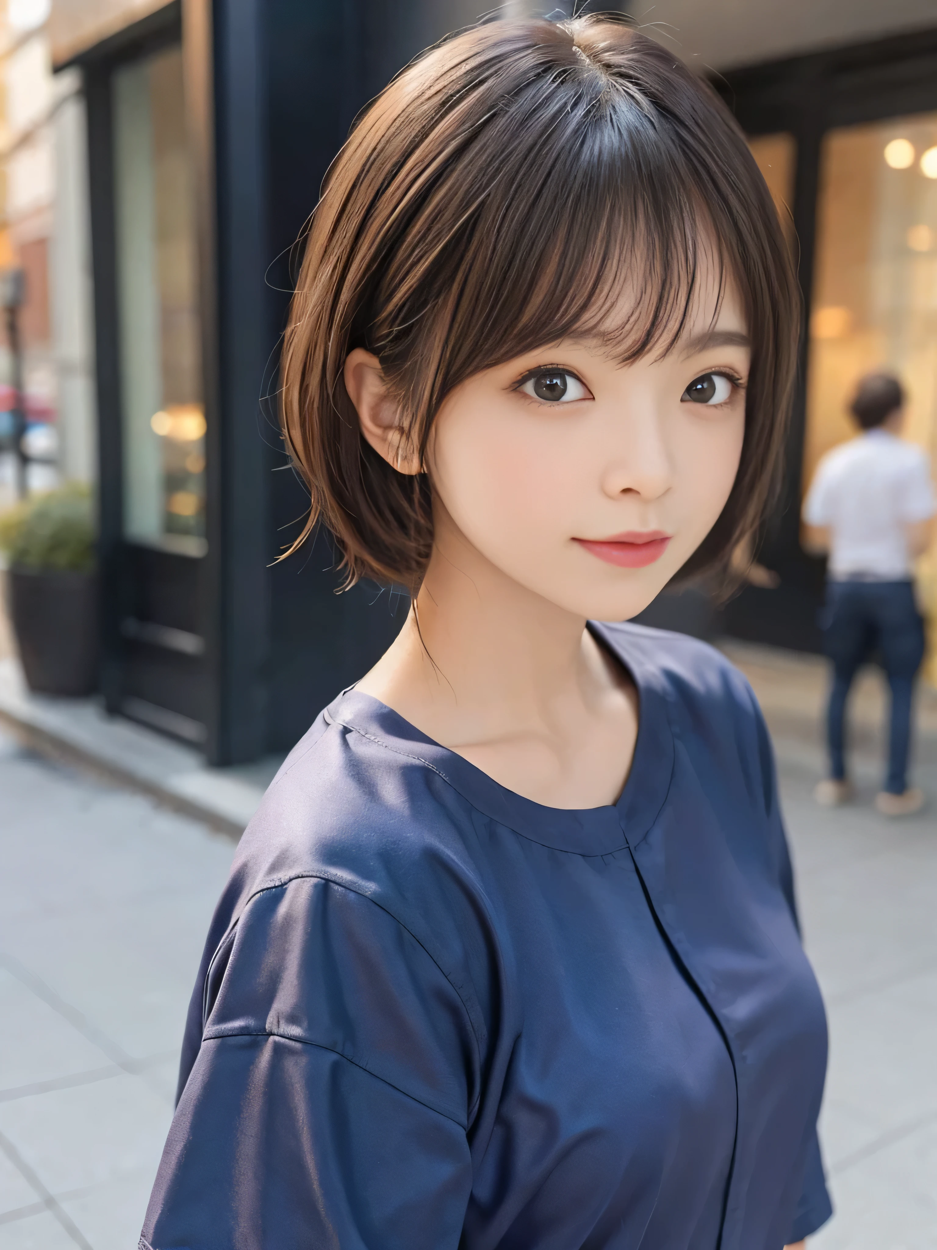 (((RAW image quality:1.4))), highest quality, ultra high resolution, (realistic: 1.4), chat at a cafe、Photo of a teenager wearing brightly colored clothes, Medium bust, short hair,