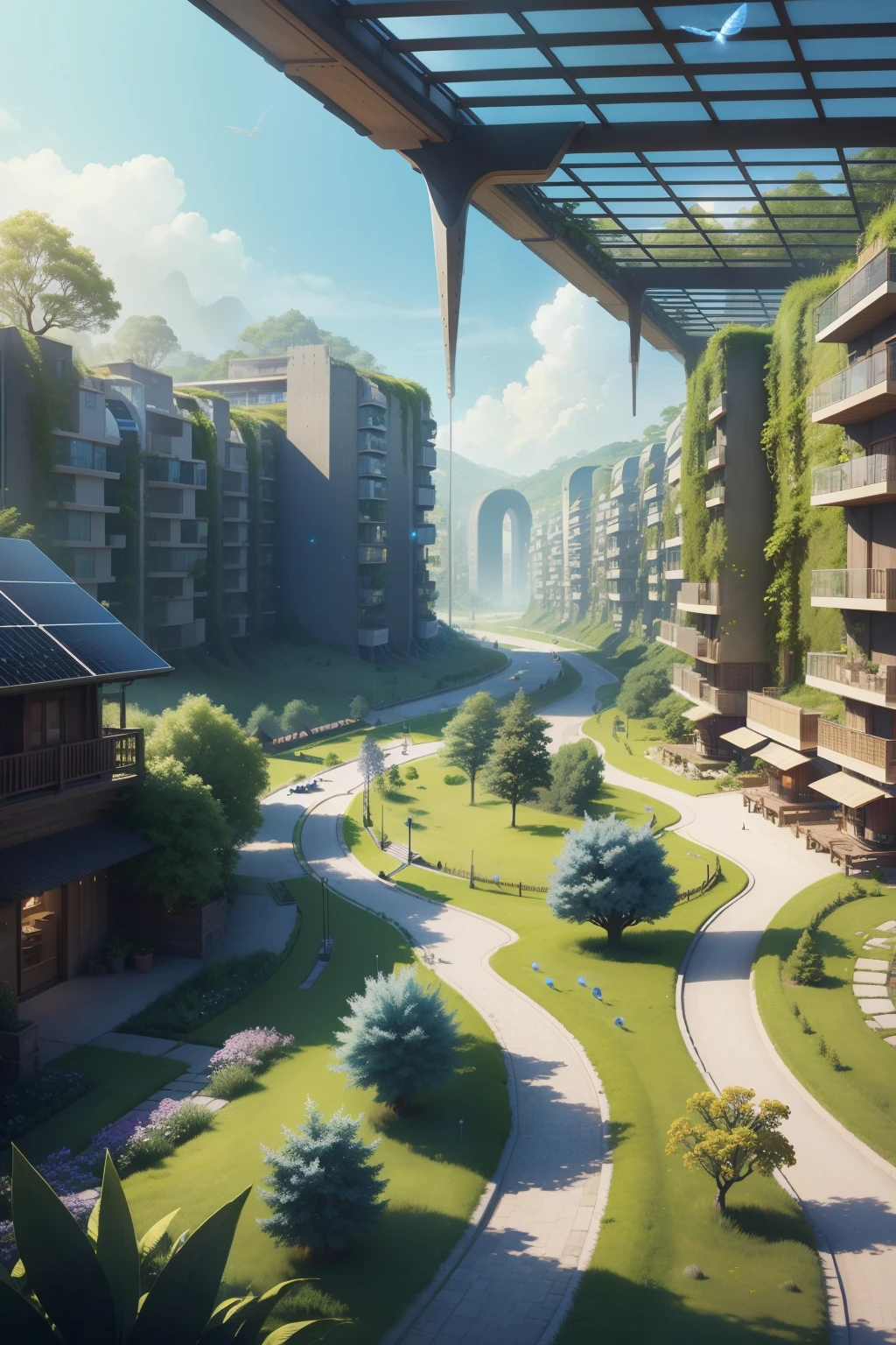 Realistic, Futuristic Village: A harmonious blend of technology and nature, where modern buildings adorned with lush greenery coexist. Structures made of glass and steel reflect the vibrant sunlight, while solar panels and wind turbines harness renewable energy. Springtime in this village is a spectacle to behold, with cherry blossoms blooming, birds chirping, and a sense of renewal in the air.

--s2: An intriguing second layer to this futuristic village. A mysterious, underground network of interconnected caverns and tunnels. Here, bioluminescent plants and rare, ethereal crystals create a breathtaking