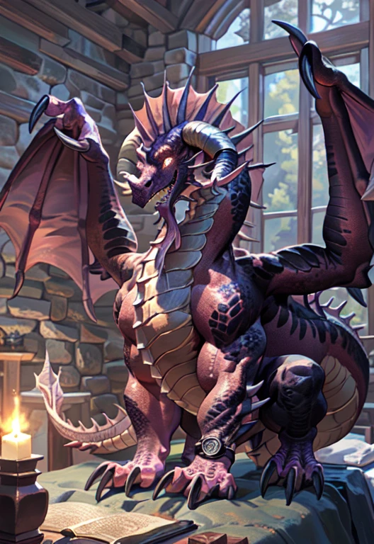 masterpiece,official art,dragon, depth of field, perfect lighting, light particles,(La best quality), (Super detailed),sharp focus, best quality, in dungeon, In an old bed, Detailed background, second,Lying in bed, cana, big deal ,hip expansion, Squat down and watch, Smile, blush, muscular body, Strong body, Stewed brisket, Belt wear, 黑色乳胶衣服dragon, (best quality, high quality),human nature,Miss,alone,empty,Detailed background,By Carme 3,With crayons \(artist\),three quarter view,yellow eyes,wing,(dragon horn),slit pupil,cave,white dress,eternal,three quarter portrait,alone, (muscular), Bright scales, (Kamimei):1.3, (Common:1.4) (prayer):1.23, (Wearing a short white loincloth), exquisite eyes, lizard tail,一对dragon horn, a pair of dragon wings, (exquisite eyes,stripe,sharp claws,Cute animal paw,Sticking out tongue,(glowing eyes):1.1, (in the room:1.35), In the bedroom,Squatting on the bed,dim,enjoy,obsessed, Face turned red,collar,Submit to,caress,drunk,Smile,enjoy,looking at camera,Submit to,having fun,Detailed background,realistically,realistic hand,8k high dynamic range,(shadow,wide dynamic range,high dynamic range,emphasize:1.2)