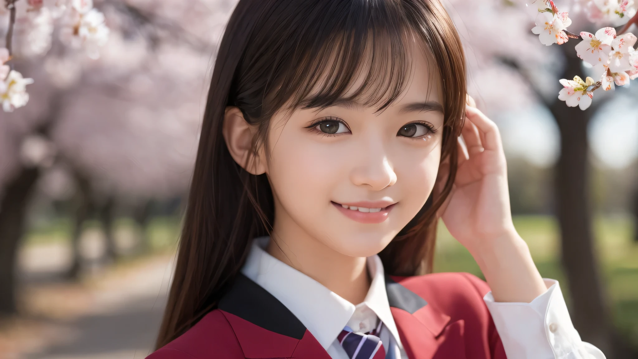 (1girl), (17yo), (young face:1.2), shy smile, (Best Quality:1.4), (Ultra-detailed), (extremely detailed beautiful face), Amazing face and eyes, brown eyes, (highly detailed Beautiful face), (high school uniform:1.2), (extremely detailed CG unified 8k wallpaper), Highly detailed, High-definition raw color photos, Professional Photography, Realistic portrait, Extremely high resolution, cute smiling, Cherry blossom trees,