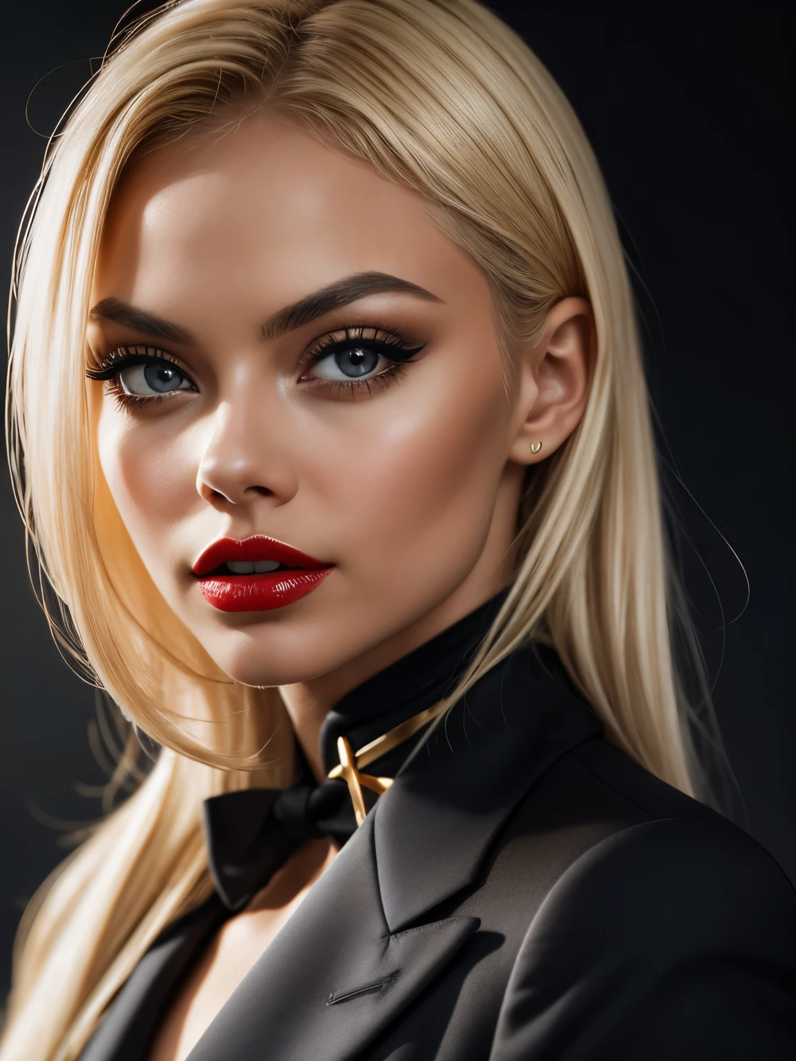 portrait of woman (JesseJane_v1:1.0), blonde hair, ((high quality、high resolution、​masterpiece、sharp focus、photographrealistic、Raw photography、lighting like a movie、Extreme camera angles、radiant lighting、Dark background、red lips,  Black Suit、Black & gold palette、Dark makeup