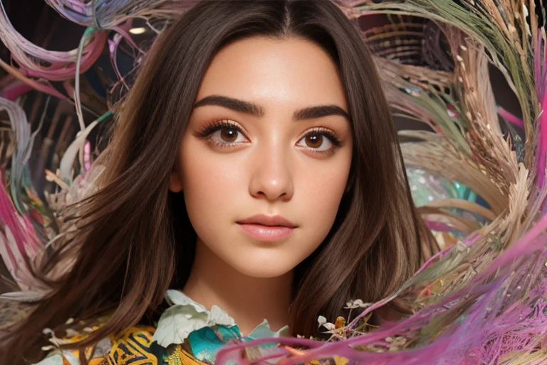 official art, unity 8k wallpaper, ultra detailed, beautiful and aesthetic, masterpiece, best quality, (zentangle, mandala, tangle, entangle), (fractal art:1.3) , 1woman, The most beautiful face ever, ((Emma watson:0.1)), (Audrey Hepburn:0.2), ((Emilia Clark:0.6)),(Yuki Uchida:0.4), (relatively thick eyebrows:0.4), dark circles, (beautiful large iridecent eyes:1.3), (no-makeup:1.6), big breast, extremely detailed, dynamic angle, cowboyshot, the most beautiful form of chaos, elegant, a brutalist designed, vivid colours, romanticism, by james jean, roby dwi antono, ross tran, francis bacon, michal mraz, adrian ghenie, petra cortright, gerhard richter, takato yamamoto, ashley wood, atmospheric, ecstasy of musical notes, streaming musical notes visible, glowing astral body, mysterious atmosphere