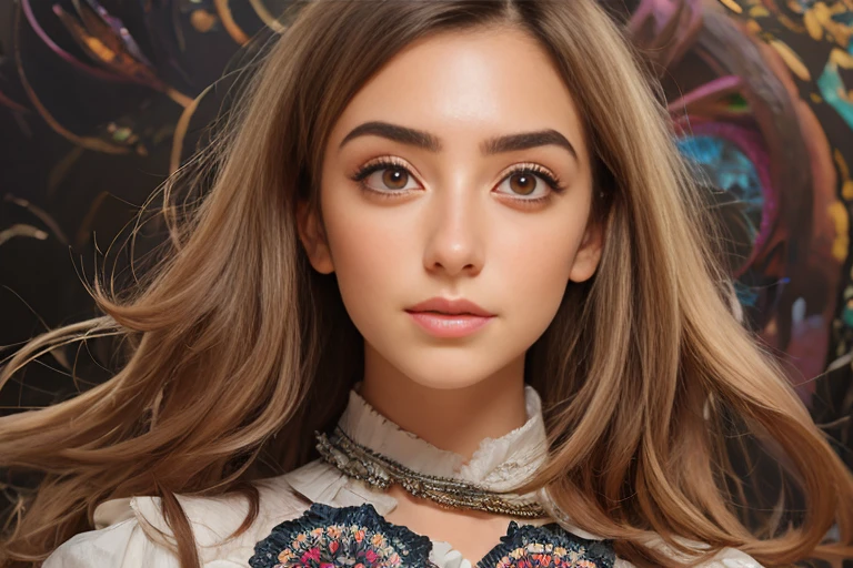 official art, unity 8k wallpaper, ultra detailed, beautiful and aesthetic, masterpiece, best quality, (zentangle, mandala, tangle, entangle), (fractal art:1.3) , 1woman, The most beautiful face ever, ((Emma watson:0.1)), (Audrey Hepburn:0.2), ((Emilia Clark:0.6)),(Yuki Uchida:0.4), (relatively thick eyebrows:0.4), dark circles, (beautiful large iridecent eyes:1.3), (no-makeup:1.6), big breast, extremely detailed, dynamic angle, cowboyshot, the most beautiful form of chaos, elegant, a brutalist designed, vivid colours, romanticism, by james jean, roby dwi antono, ross tran, francis bacon, michal mraz, adrian ghenie, petra cortright, gerhard richter, takato yamamoto, ashley wood, atmospheric, ecstasy of musical notes, streaming musical notes visible, glowing astral body, mysterious atmosphere