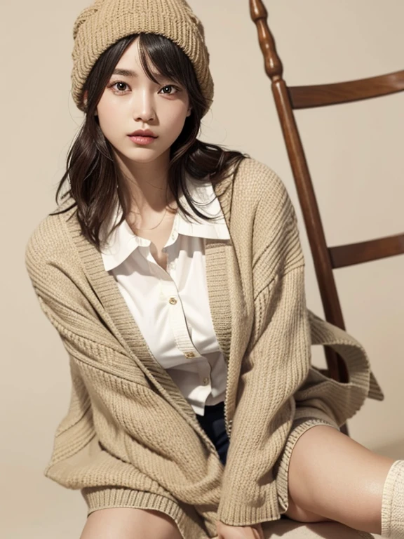 ((Cardigan color is beige:1.2)), ((redraw clean background:1.3))