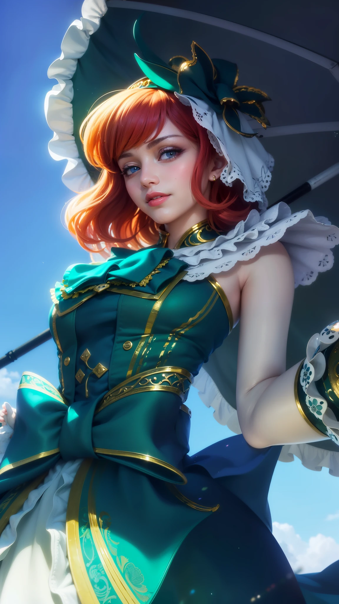 there is a woman in a green dress holding a umbrella, red lips glossy, 8k, ultra hd, ultra detailed texture, hyper realistic, masterpiece, detailed texture, detailed face, detailed skin, detailed lighting, (photorealistic:1.5), best quality, beautiful lighting, cinematic lighting, professional lighting, ultra highres, realistic, detailed hair, real hair, high quality, (realskin:1.5), extremely detailed, finely detail, ultra-detailed, smile, blue eyes.