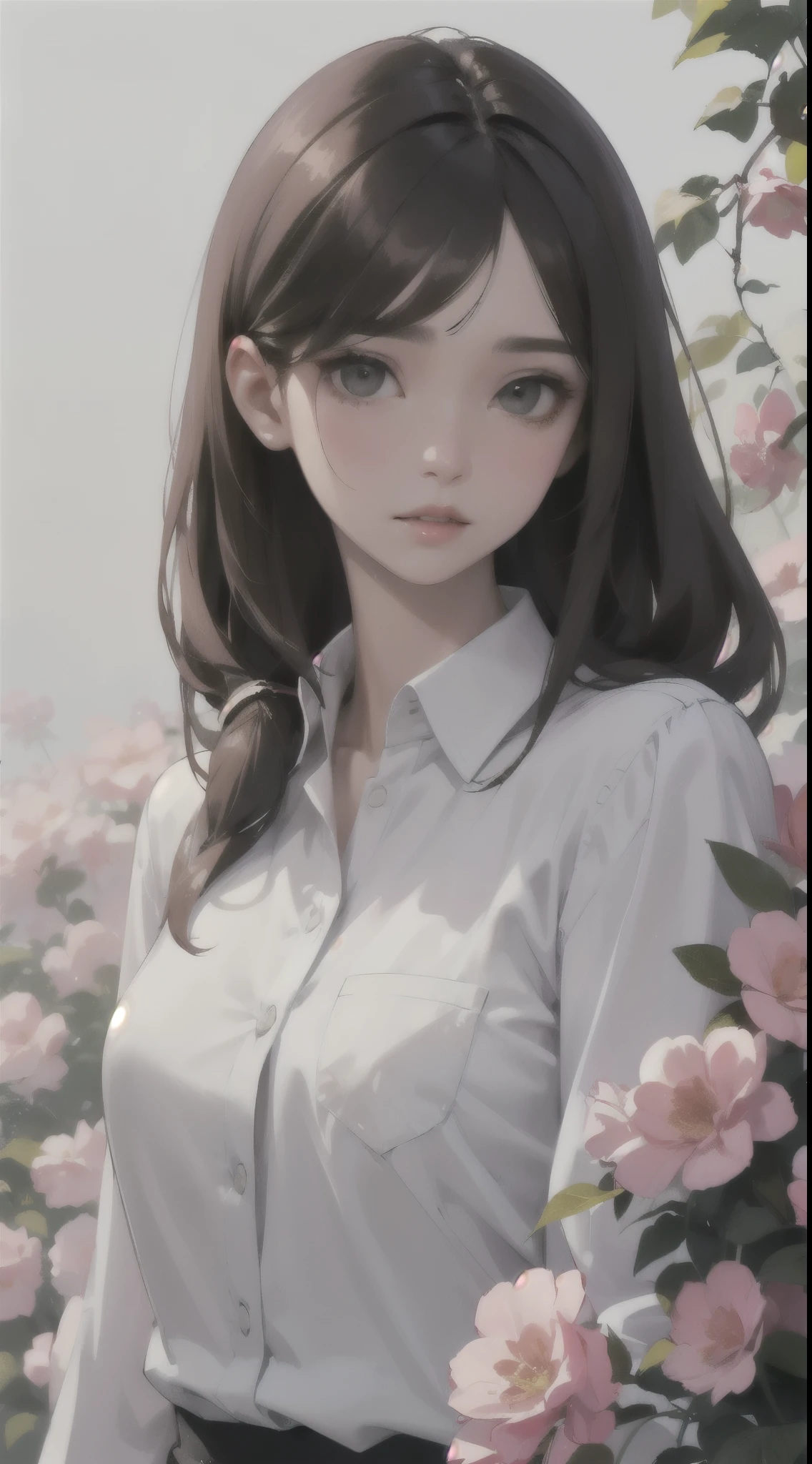 Girl, long soft brown hair, gray eyes, cold features, white skin, pink lips, floral shirt