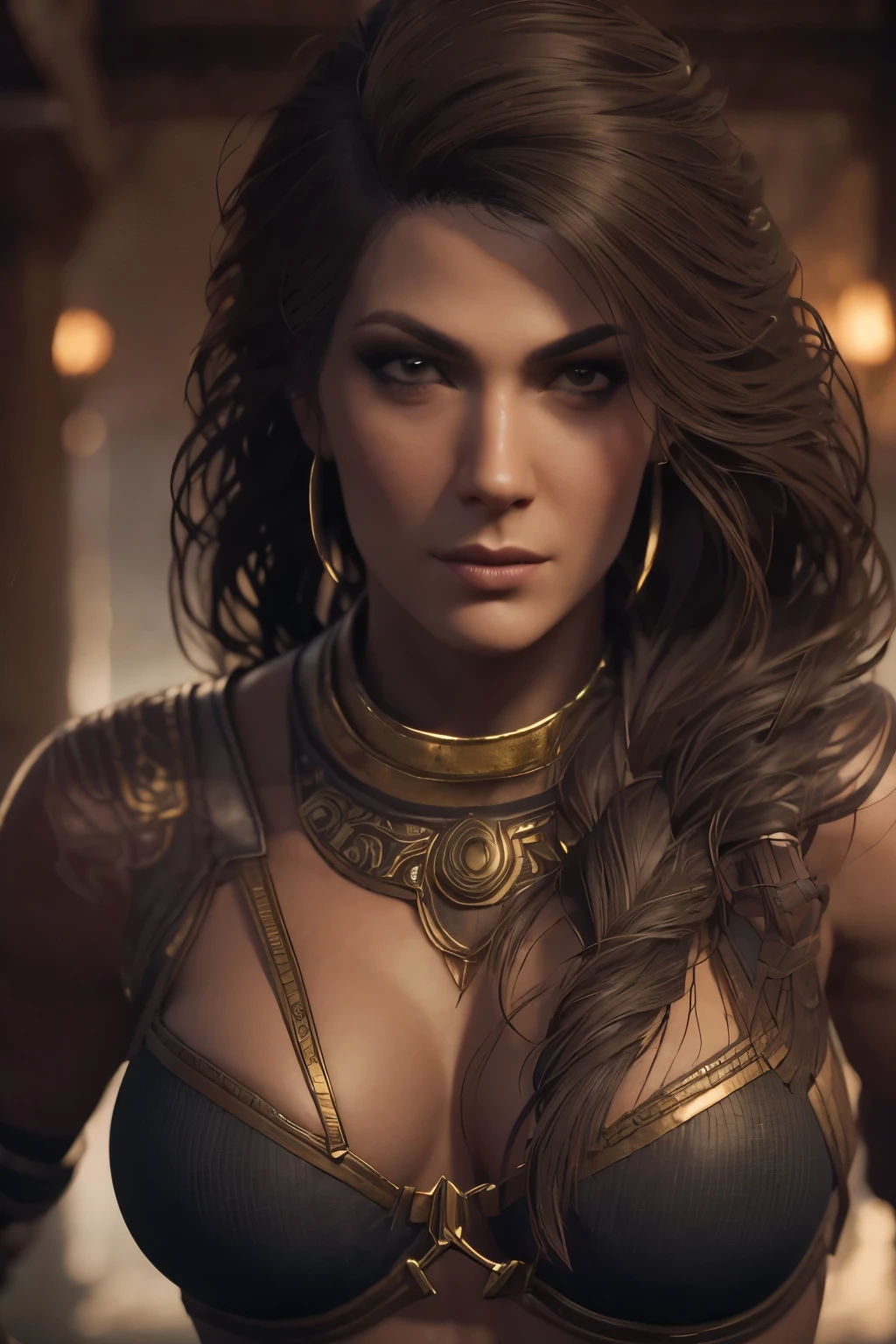 (best quality,ultra-detailed,realistic:1.37),(HDR,UHD,studio lighting),(portraits),(vivid colors),(warm color tones),(soft,moody lighting),(sharp focus),(bokeh),Kassandra,Assassin's Creed Universe,Kassandra's stunning face,Kassandra's piercing eyes,Kassandra's alluring gaze,Kassandra's seductive lips,Kassandra's flowing hair,Kassandra's confident and provocative smile,mysterious atmosphere,dark and gritty background,tattoos on Kassandra's body,ornate assassin gear,fierce and powerful stance,sparkling jewelry,dramatic lighting to accentuate facial features,subtle makeup,subtle hints of smoke or mist,nighttime setting,embers glowing in the background,subtle moonlight bathing the scene