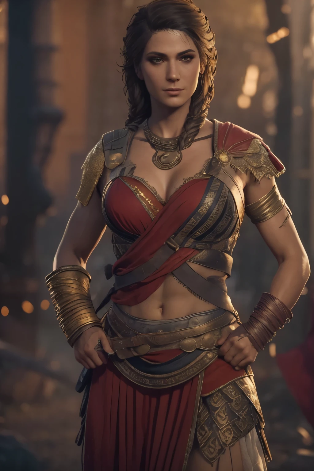 (best quality,ultra-detailed,realistic:1.37),(HDR,UHD,studio lighting),(portraits),(vivid colors),(warm color tones),(soft,moody lighting),(sharp focus),(bokeh),Kassandra,Assassin's Creed Universe,Kassandra's stunning face,Kassandra's piercing eyes,Kassandra's alluring gaze,Kassandra's seductive lips,Kassandra's flowing hair,Kassandra's confident and provocative smile,mysterious atmosphere,dark and gritty background,tattoos on Kassandra's body,ornate assassin gear,fierce and powerful stance,sparkling jewelry,dramatic lighting to accentuate facial features,subtle makeup,subtle hints of smoke or mist,nighttime setting,embers glowing in the background,subtle moonlight bathing the scene