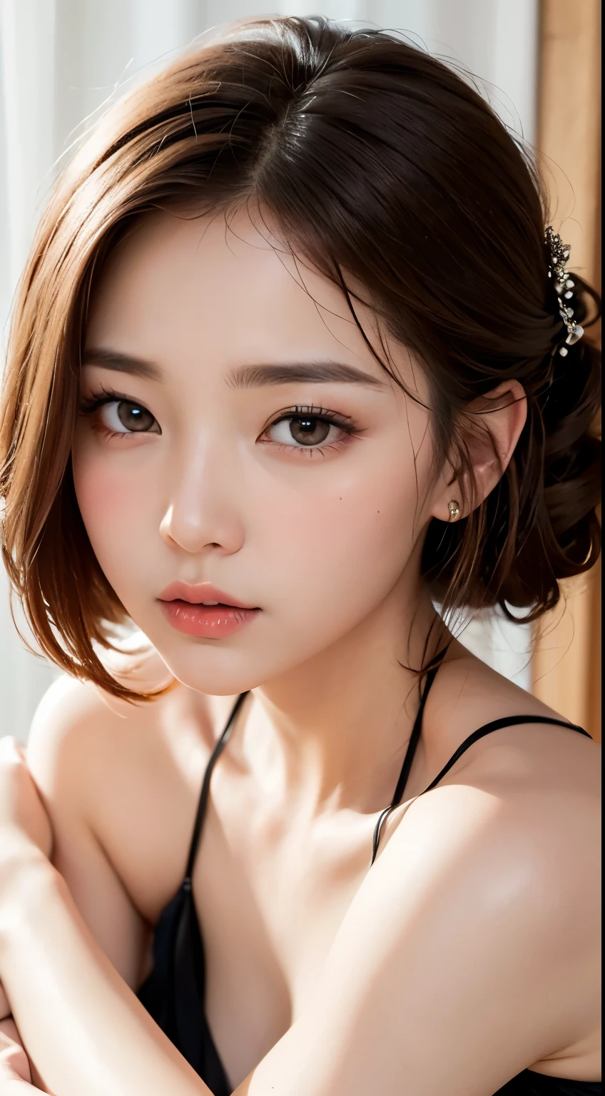 (mouth closed:1.3), (anatomically correct arm:1.5), (hugging my own chest:1.1), (professional portrait、professional writing)、Detailed workmanship、high resolution、(8K, High resolution:1.2)、(RAW photo, photorealistic:1.3)、highest quality, slender body shape、high definition face、Face is in focus、high definition eyes、(Focused, symmetrical pupils:1.2)、High-definition and beautiful skin、firm skin、natural makeup、gross lip, High-definition hair texture、masterpiece、japanese woman、17 years old、(half updo), very cute, sexy, party dress、(very embarrassed:1.3), (blush:1.3), (expression of dislike:1.3)、(shy look :1.3)、wet eye:1.2, Looking up at the camera:1.2、luxury bedroom, 