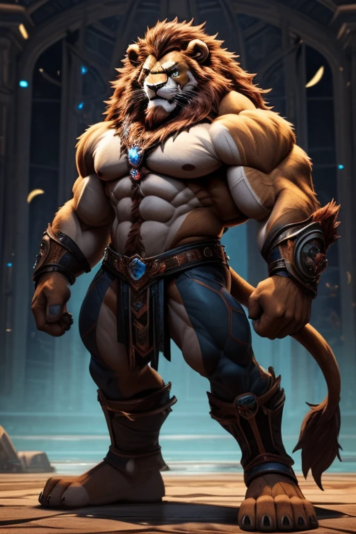 Uma imagem realista de Lion-o dos thundercats, super gigante musculoso, with muscular arms, olhos azuis, uma cauda, super peludo de pelo marrom, com as veias saltando, ombros largos, giant toned physique, veias musculares estourando, usando colete azul rasgada, standing barefoot, levantando uma barra de pesos extremamente pesada, em seu castelo