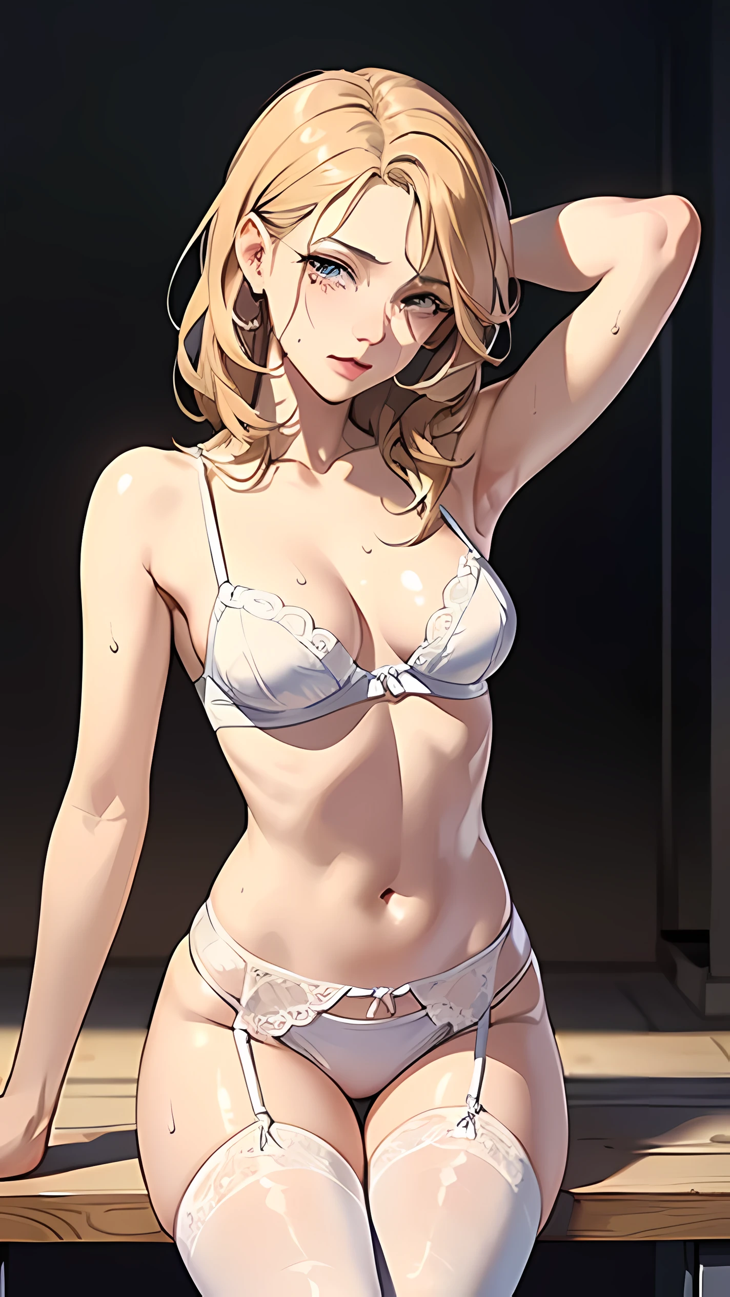 {{{masterpiece}}}, {{{best quality}}}, {{ultra-detailed}}, {illustration}, {{an extremely delicate and beautiful}}, squat on the desk、Beautiful woman、35 years old、((from front))、beautiful face、strong-willed woman、small breasts、Golden medium hair、hair soaked with sweat、Eyes shining painfully blue、Eyebrows that look painful、crying eyeedical mask、covered the nose:1.5)、(thin waist、thin thighs、thin legs)、visible everywhere、Sweat glistens all over the body、garter belt edged with frills、arm behind head、white bra、You can see fancy panties、focus on panties