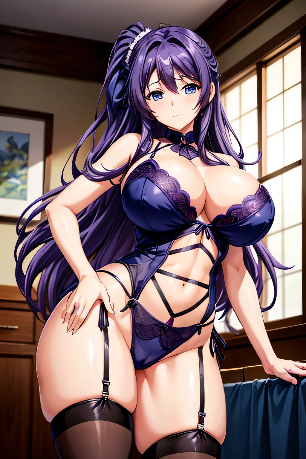 an anime image of a woman wearing lingerie and stockings, posing for a picture, seductive anime girl, very large breasts, huge breasts, big breasts, purple hair, seductive stockings on her legs, oppai, beautiful alluring anime woman, beautiful alluring anime teen, oppai proportions, very big breasts, wide hips, small waist, sexy pose, female anime character, ecchi, ecchi anime style