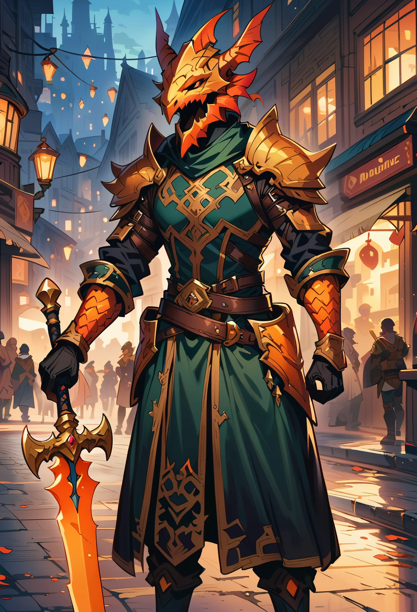 DnD character art, fantasy warrior with dragon head helmet and orange scales holding sword in hand standing on city street, green , black leather gloves, high details, in the style of fantasy.