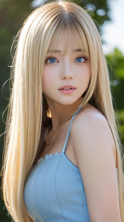 real photo quality、extraordinary sexy beauty、Beautiful calm and bright expression、sexy and refreshing look、Long bangs that fall on a perfect beautiful cute face、Super long blonde straight silky hair、blonde on a beautiful face、very cute beautiful sexy young little woman、very perfect beautiful cute face、Beautiful bright sky blue eyes、very big eyes、hair above eyes、片hair above eyes、hair between eyes、Very radiant white skin、cheek gloss