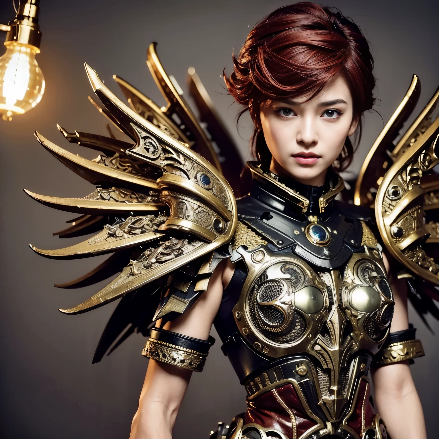 (top-quality:1.2, masterpiece)、ultra high resolution、extremely ultra surrealism, (Photorealsitic:1.4)、Raw photo、Steampunk Battle Cyborg fallen angel、large wings made of metal、black porcelain body、red hair、glowy skin、1 Cyborg boy、japanese, extremely handsome face, ((super realistic details))、portrait、globalillumination、Shadow、octan render、8K、ultrasharp、character edge light、Details of complex ornaments、Acrylic Clear Cover、Sumerian details、Ultra-realistic and precise machine details, Hydraulic cylinder、Small LED lamp、highly intricate detail、Realistic light、a purple eye、radiant eyes、Facing the camera、neon details、cowboy shot、Futuristic headgear、About Cyberpunk