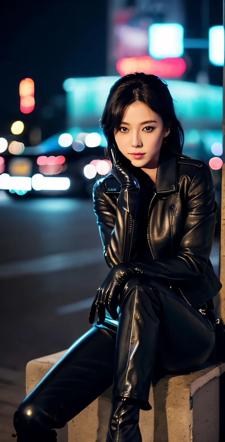 black leather rider jacket, office in the dark, Fingertips of black leather gloves on both hands,wearing black leather gloves,sitting in a black leather chair、 Japanese female new employee (black leather gloves cover both hands) (The angle is horizontal)、black leather leather pants,black leather black leather pants,black leather skinny pants、Long black leather boots on both feet、black hair ponytail ((He wears black leather gloves on his hands))full body photo,full body shot full body full body leather suit,☺If you turn in this direction。wearing black leather gloves,wearing black leather gloves,wearing black leather gloves,wearing black leather gloves,wearing black leather gloves,wearing black leather gloves,黒のレザーパンツが美しい😍黒のレザーパンツが美しい😍黒のレザーパンツが美しい,😍I'm smiling while looking at you,city lights、((neon cyberpunk city street:1.3))、(neon light)、detailed lighting、
best image quality、ultra high resolution、(realism:1.4)、korean beauty star、The most beautiful KPOP stars、face、horny korean makeup、A body that makes you want to touch it、realistic leather texture、Costume made of smooth leather fabric、The drape of the curved parts of the leather fabric、The costume has a strong shine、costume quality、8K photo quality