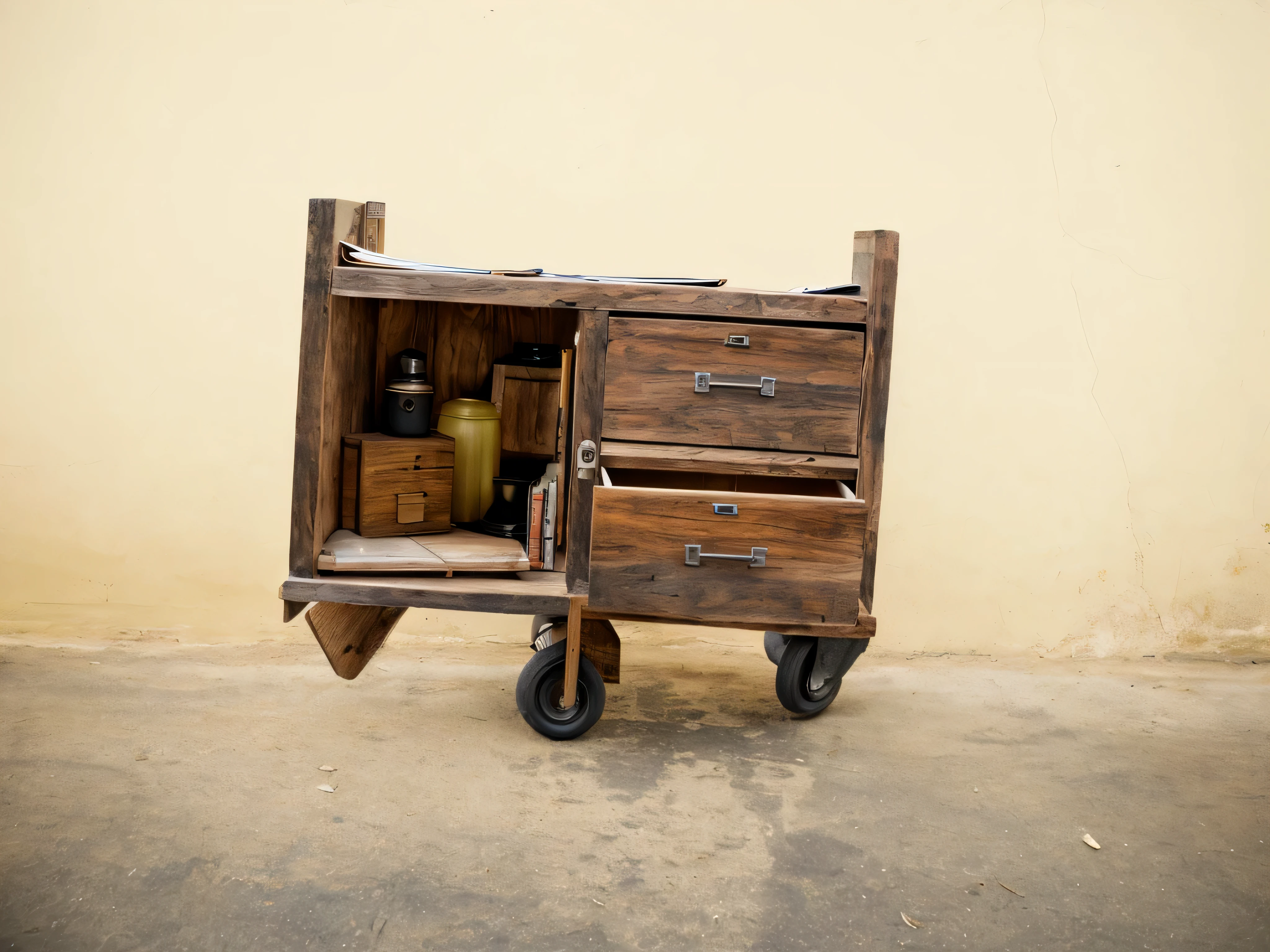 There is a small wooden cabinet,There is a drawer with, ( ( photo ) ), cart, furniture overturned, broken furniture, a piece of wood, old furniture, author:Richard Carlin, Old lab cabinet, Alexandra Formina, Set photo, by Ni Yuanlu, by Carlo Needler, Inspired by Zhang Kechun, Inspired by Joseph Beuys, author:Kurt Rosch