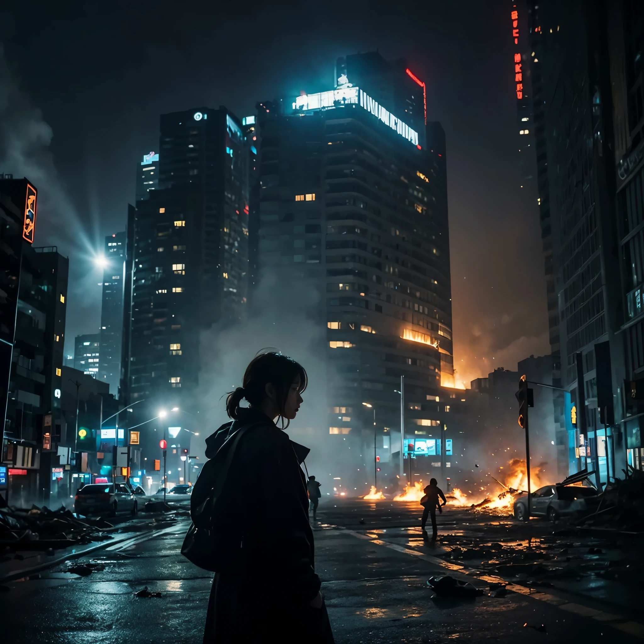 （one young beautiful japanese woman、Several robots destroying the city）、SF、A woman with telekinetic powers、The space around the woman&#39;s body appears distorted.、destroyed metropolis、Challenge the invaders、urban decline、blazing flame、Collapsing high rise buildings、rising smoke、fierce battle、Flying sparks、swirling rubble、ruined cityscape、futuristic atmosphere、（Articulated, skeletal invader robot shaped like a jellyfish:1.45）、futuristic atmosphere、vivid colors、Otherworldly energy、dynamic composition、Cinematic Lighting、post-apocalyptic setting、determined look、confident attitude、hair fluttering in the wind、shining eyes、shining runes、technologically advanced weapons、epic showdown、Epic scale、Awe-inspiring heroic struggle、Last resistance、dystopian future、Fate, humanity loses its balance、Intense emotions arise