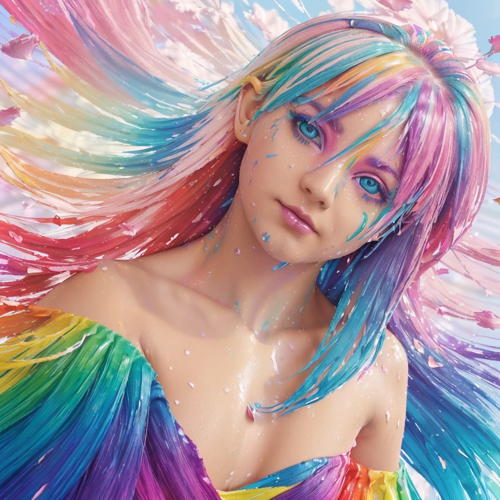 (Pink Fashion T-shirt:1.9),(Colorful hair: 1.8), (all the colours of the rainbow: 1.8),(((((vertical painting:1.6))), (painting:1.6),front, comics, illustrations, paintings, large eyes, crystal clear eyes,( rainbow color gradient high ponytail:1.7), exquisite makeup, closed mouth,(Small Fresh: 1.5),(Wipe Chest: 1.6) ,long eyelashes, white off shoulder T-shirt, White Shoulder Shirt,looking at the audience, large watery eyes, (rainbow colored hair:1.6), color splash, (solo:1.8), color splash, color explosion, thick paint style, messy lines, ((shining)),(colorful), (colorful), (colorful), colorful, Thick Paint Style, (Splash) (Color Splash), Vertical Painting, Upper Body, Paint Splash, Acrylic Pigment, Gradient, Paint, Highest Image Quality, Highest Quality, Masterpiece, Solo, Depth of Field, Face Paint, colorful clothes, (Elegant: 1.2), gorgeous,long hair, wind, (Elegant: 1.3), (Petals: 1.4),(((masterpiece))),(((best quality))),((ultra-detailed)),(illustration),(dynamic angle),((floating)),(paint),((disheveled hair)),(solo),(1girl) , (((detailed anima face))),((beautiful detailed face)),collar,bare shoulders,white hair, ((colorful hair)),((streaked hair)),beautiful detailed eyes,(Gradient color eyes),(((colorful eyes))),(((colorful background))),(((high saturation))),(((surrounded by colorful splashes))),